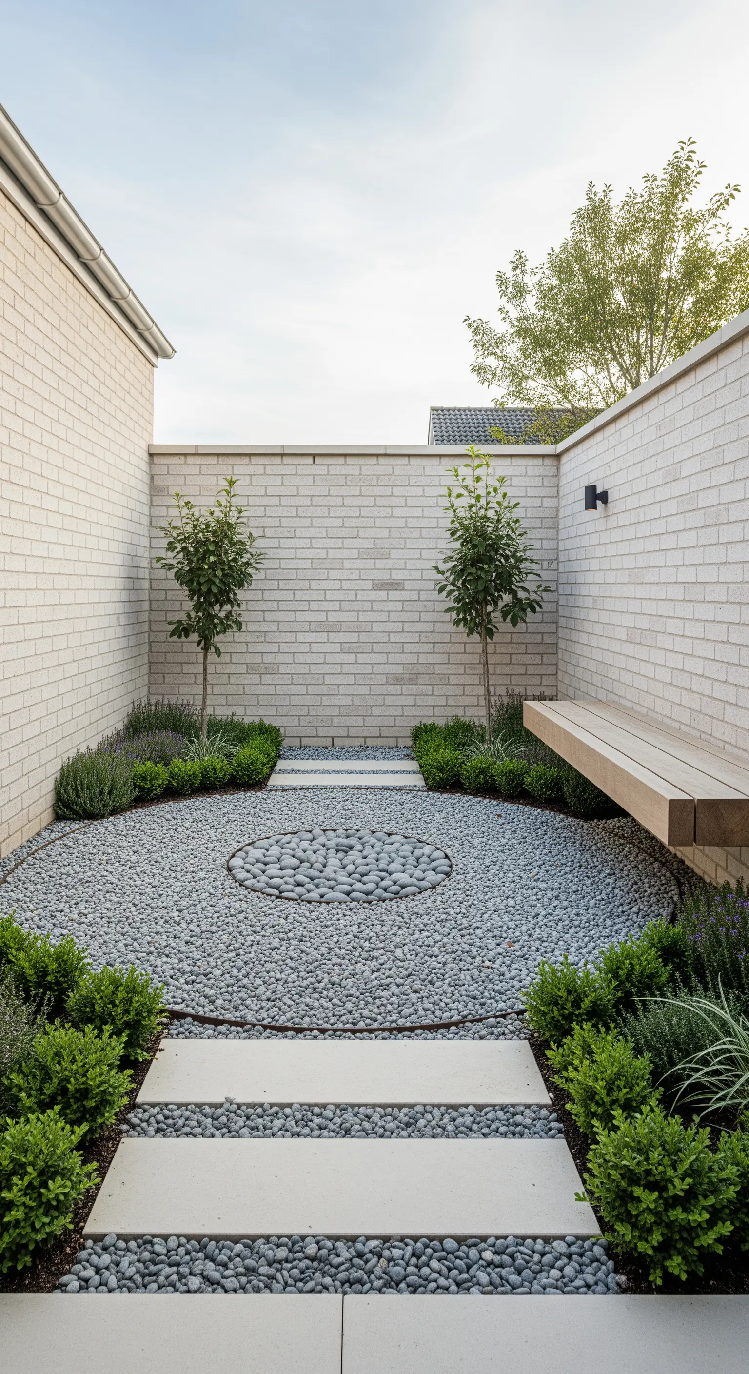 Symmetrischer Hof mit zentralem Kieskreis, Steine und grüne Pflanzen