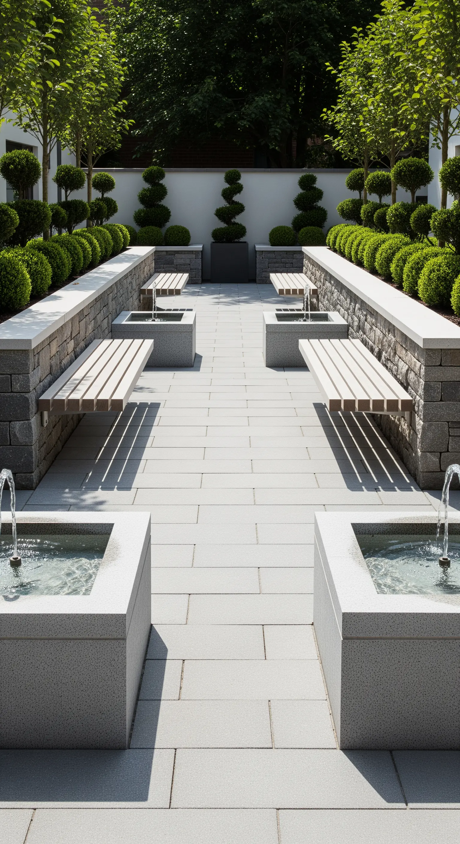 Formaler Innenhof mit Steinbänken, quadratischen Brunnen und Formschnittgehölzen