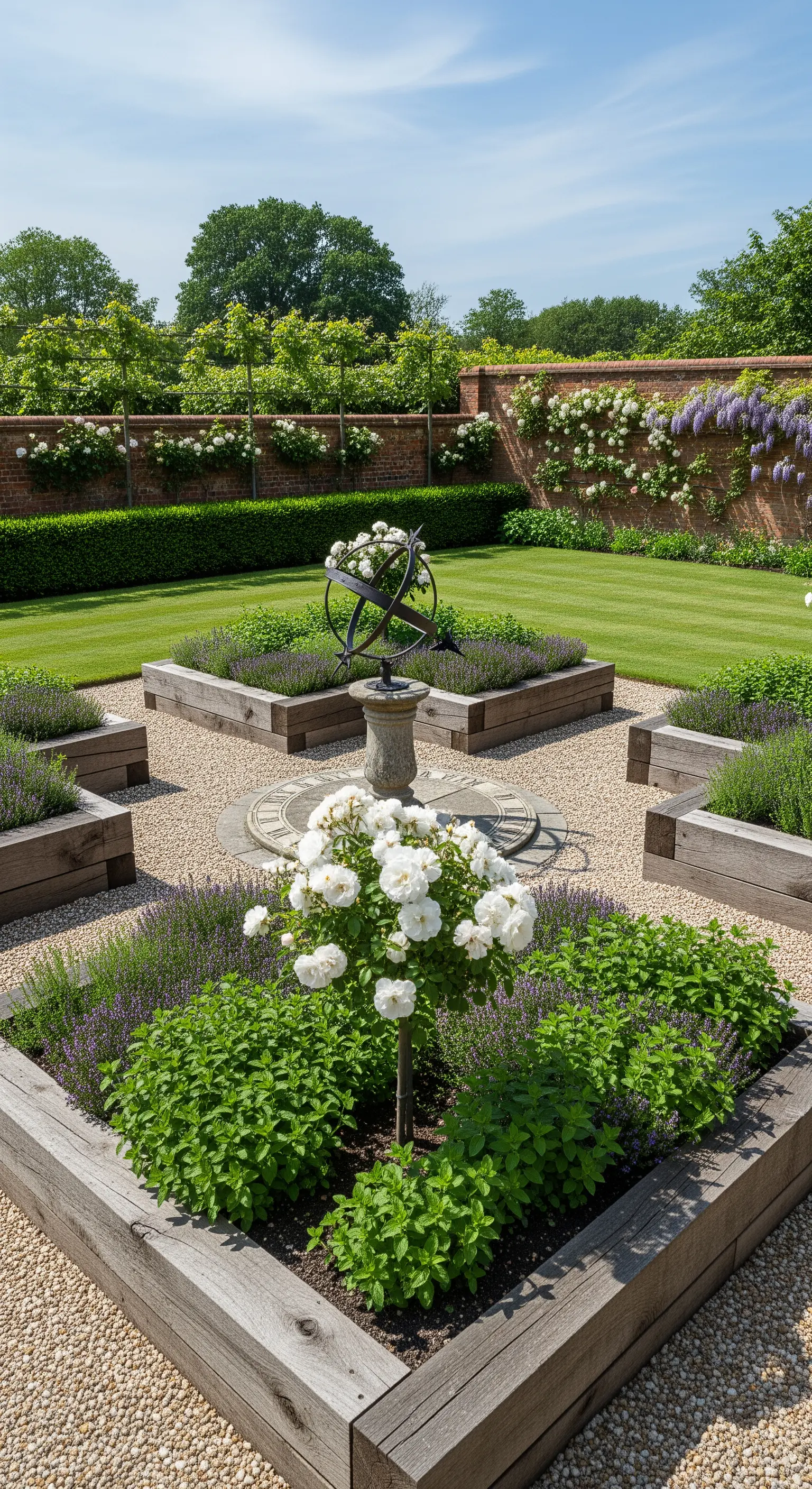 Symmetrischer Garten, Holzeinfassungen, Lavendel, weiße Rose, Sonnenuhr.