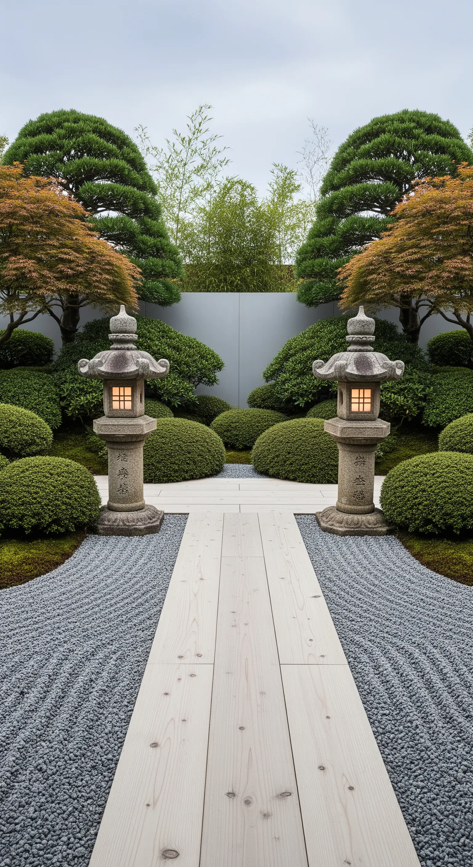 Japandi Gartenweg mit symmetrischen Steinlaternen, Holzsteg und Formschnitt-Pflanzen