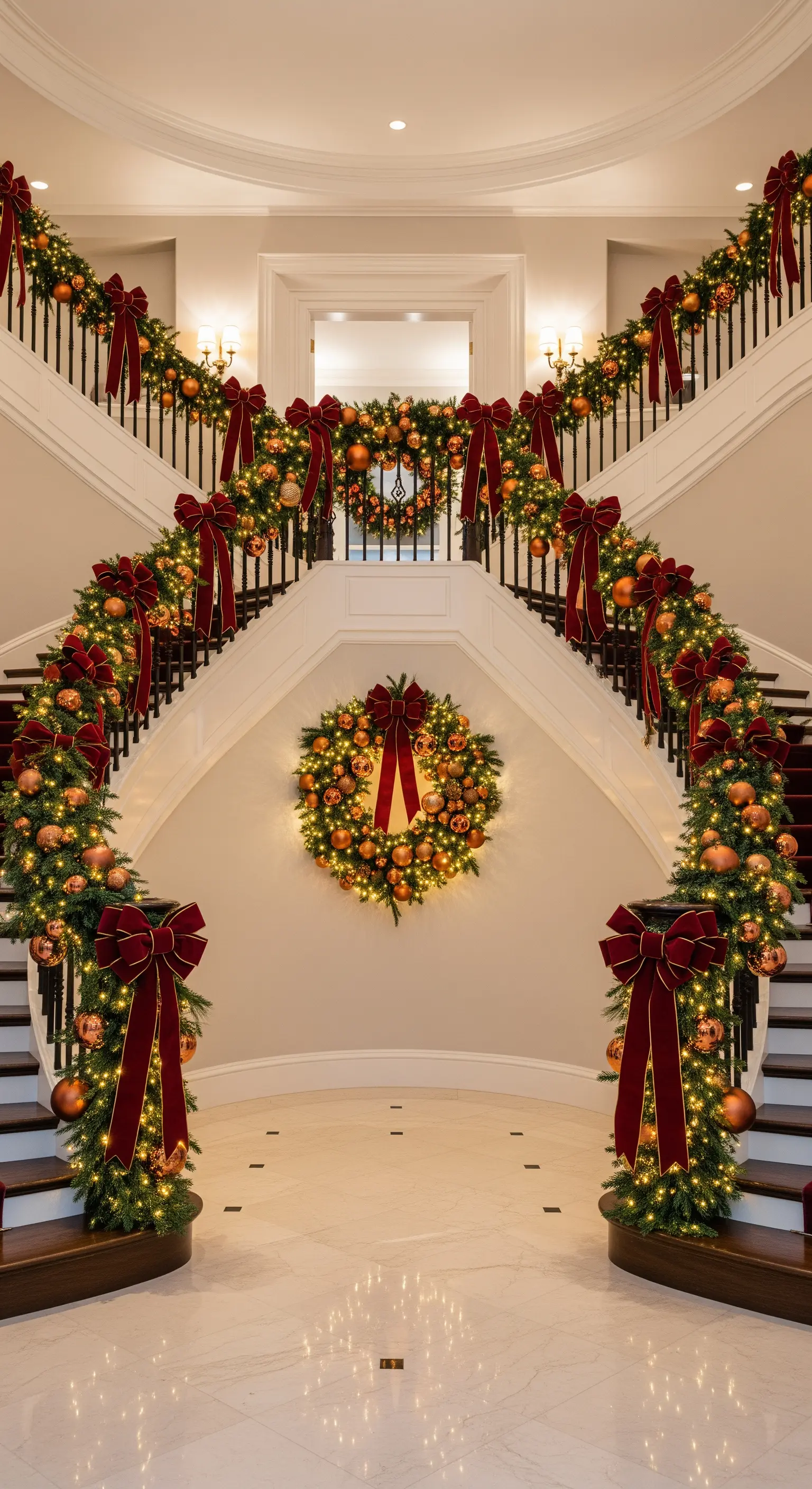 Doppeltreppe mit üppigen Girlanden, roten Samtschleifen und Goldkugeln, mittigem Kranz.