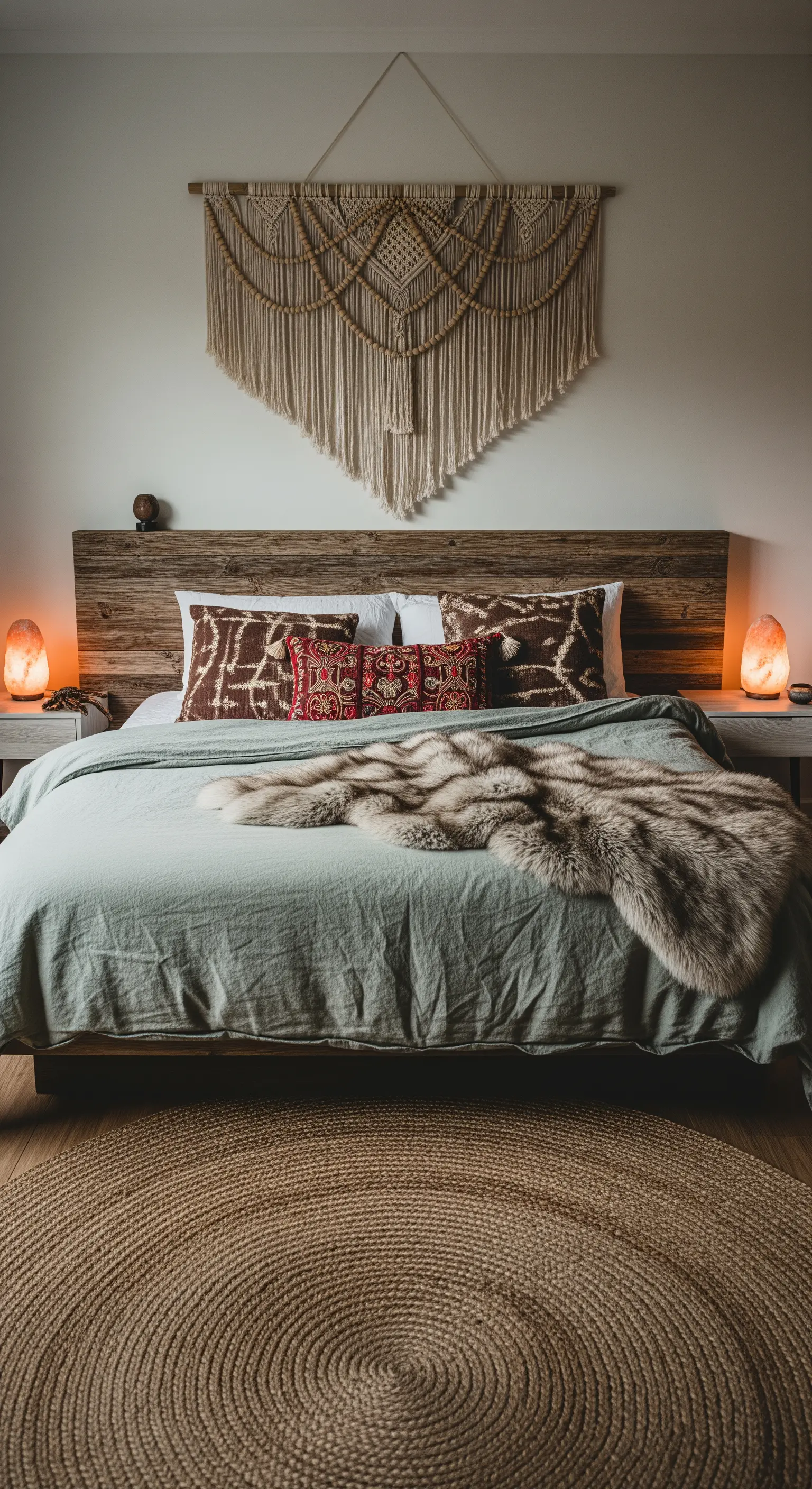 Boho-Schlafzimmer mit einem großen Makramee-Wandbehang und zwei Salzlampen auf den Nachttischen