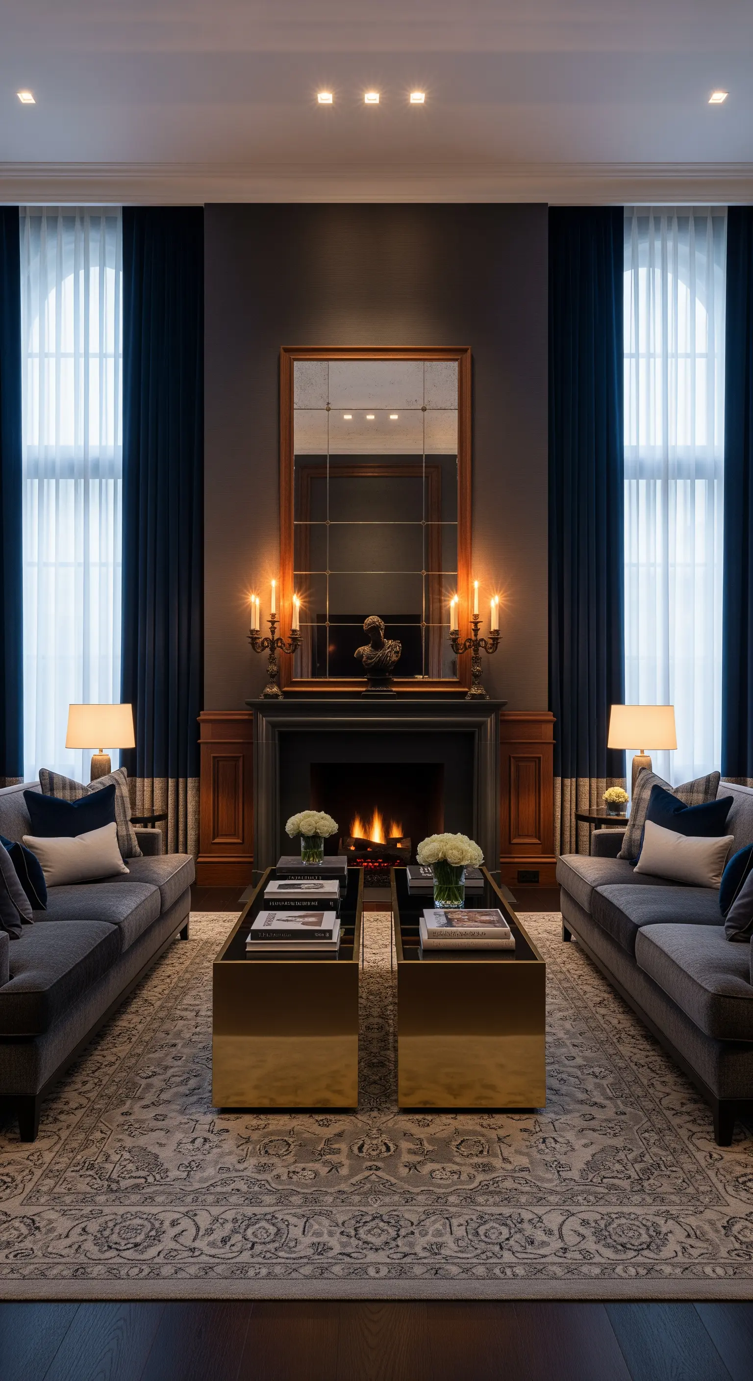 Symmetrisches Wohnzimmer mit Kamin, zwei Sofas, dunklen Vorhängen und goldenen Akzenten