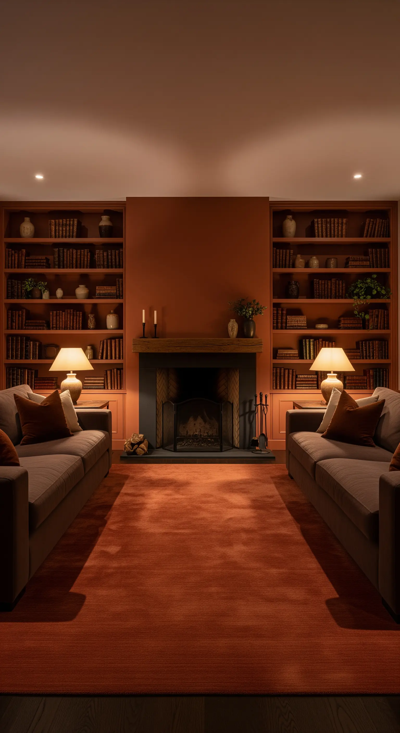 Symmetrisches Wohnzimmer mit Kamin, zwei Sofas und großem Rostrot-Teppich