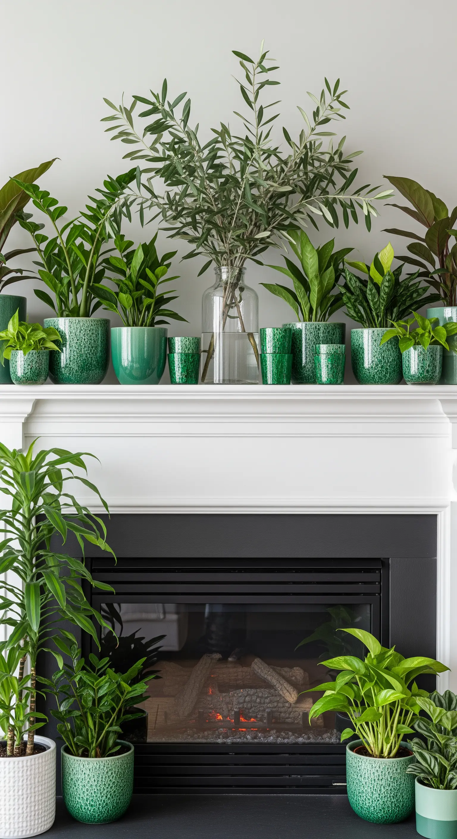 Eine Fülle von Zimmerpflanzen in verschiedenen grünen Keramiktöpfen auf und neben dem Kaminsims