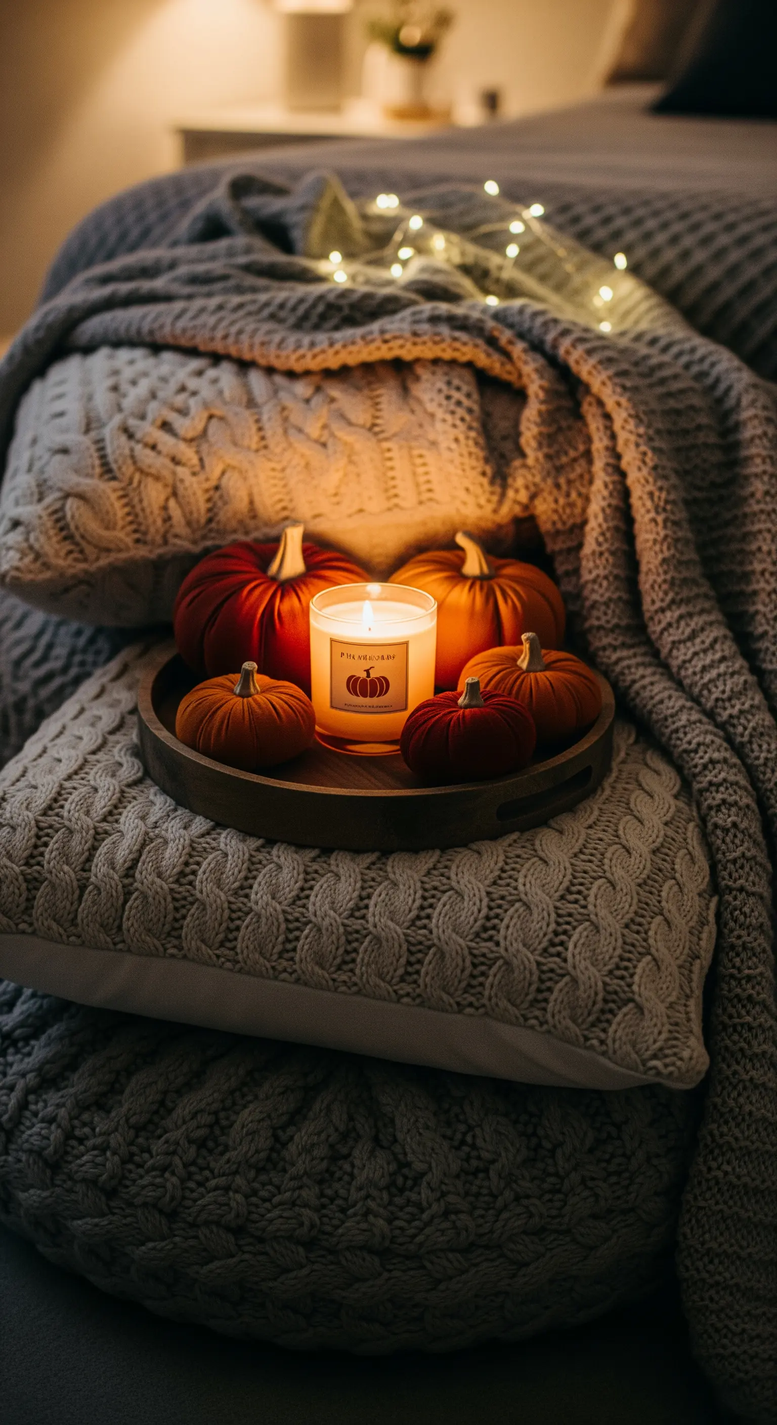 Holztablett mit Kerze und Kürbissen auf Strickkissen im Bett mit Lichterkette