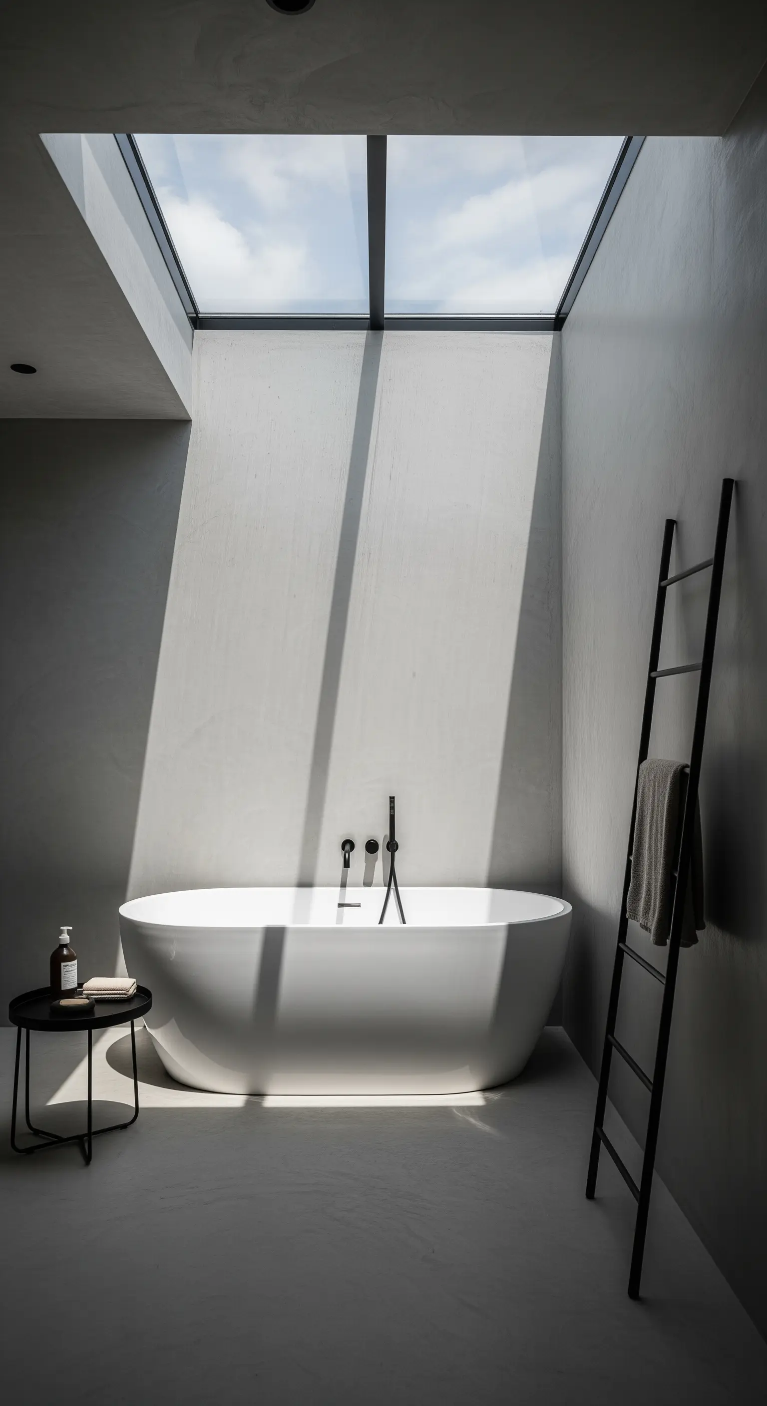 Minimalistisches Badezimmer mit freistehender Wanne unter einem großen Dachfenster.