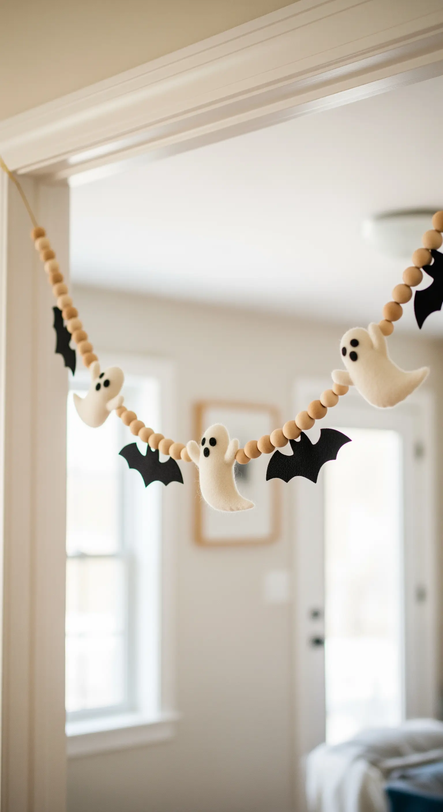 Girlande aus Holzperlen mit kleinen Geistern und Fledermäusen aus Filz