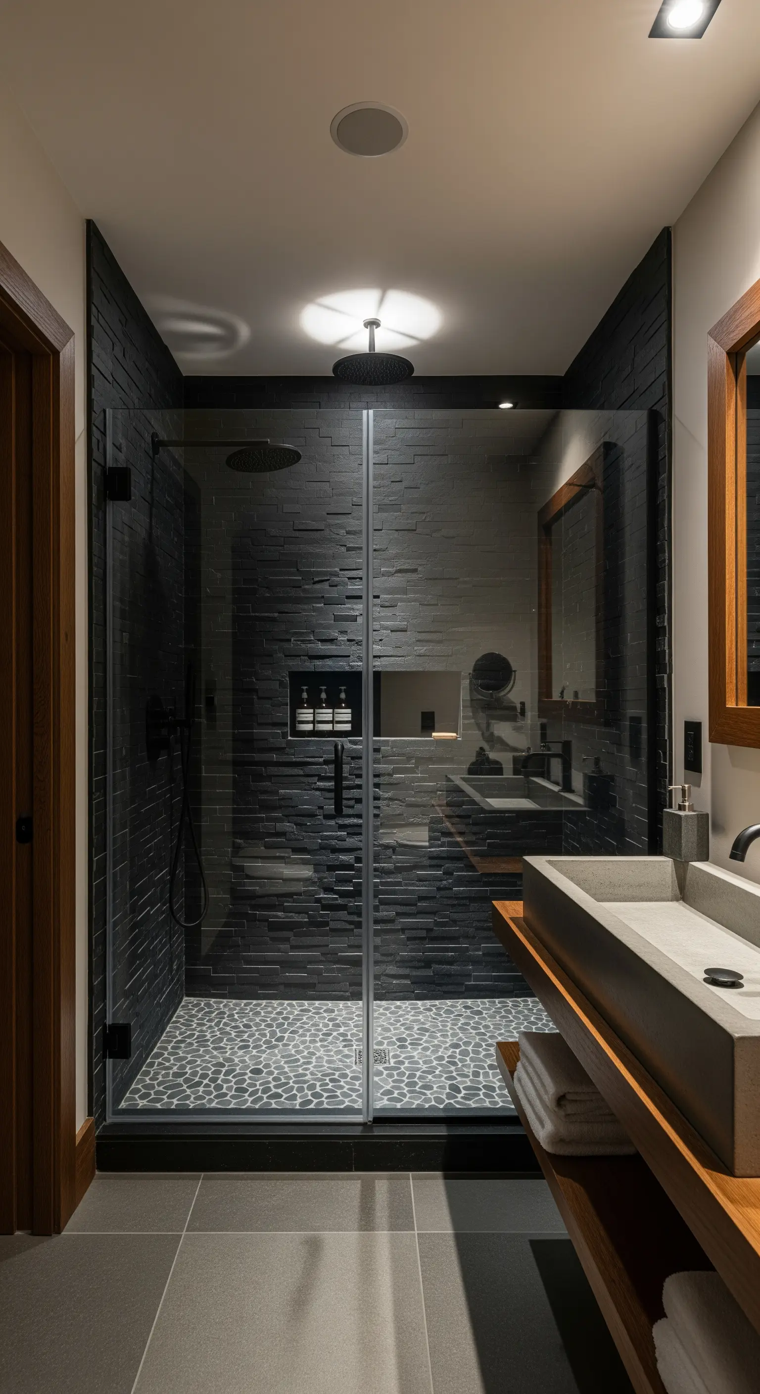 Moderne Dusche mit dunklen Schieferfliesen, Kieselsteinboden und Betonwaschbecken