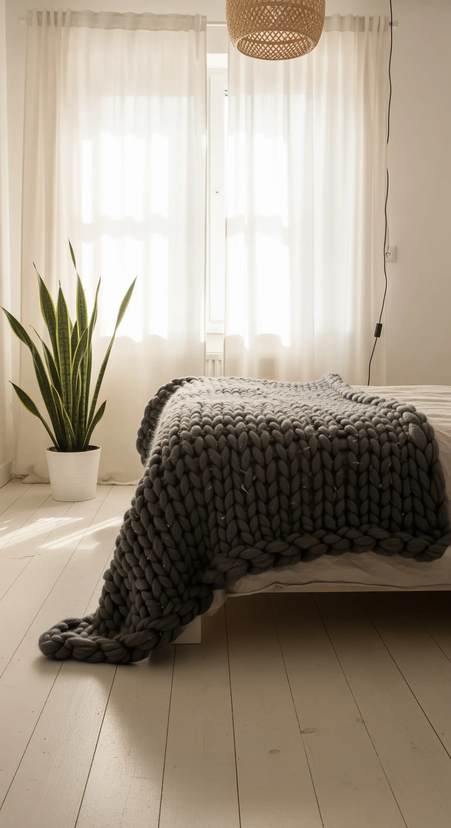 Graue, grob gestrickte Decke auf einem weißen Bett in einem hellen Schlafzimmer.
