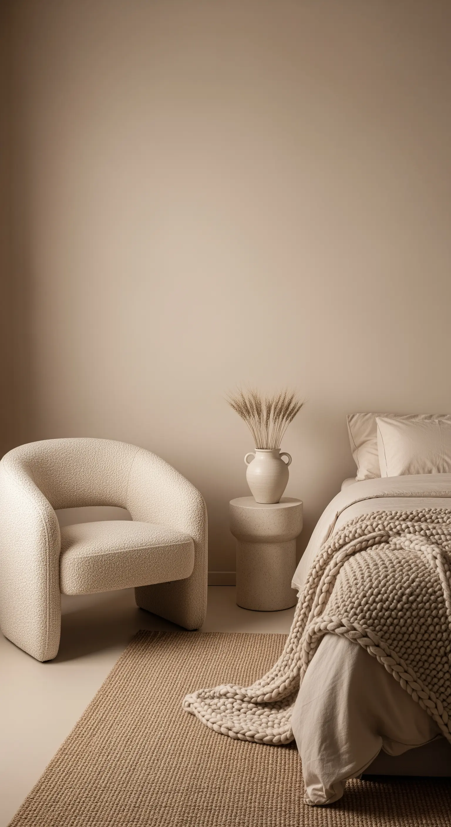 Beiges Zimmer mit Bouclé-Sessel, grober Strickdecke und Trockenblumen in Vase