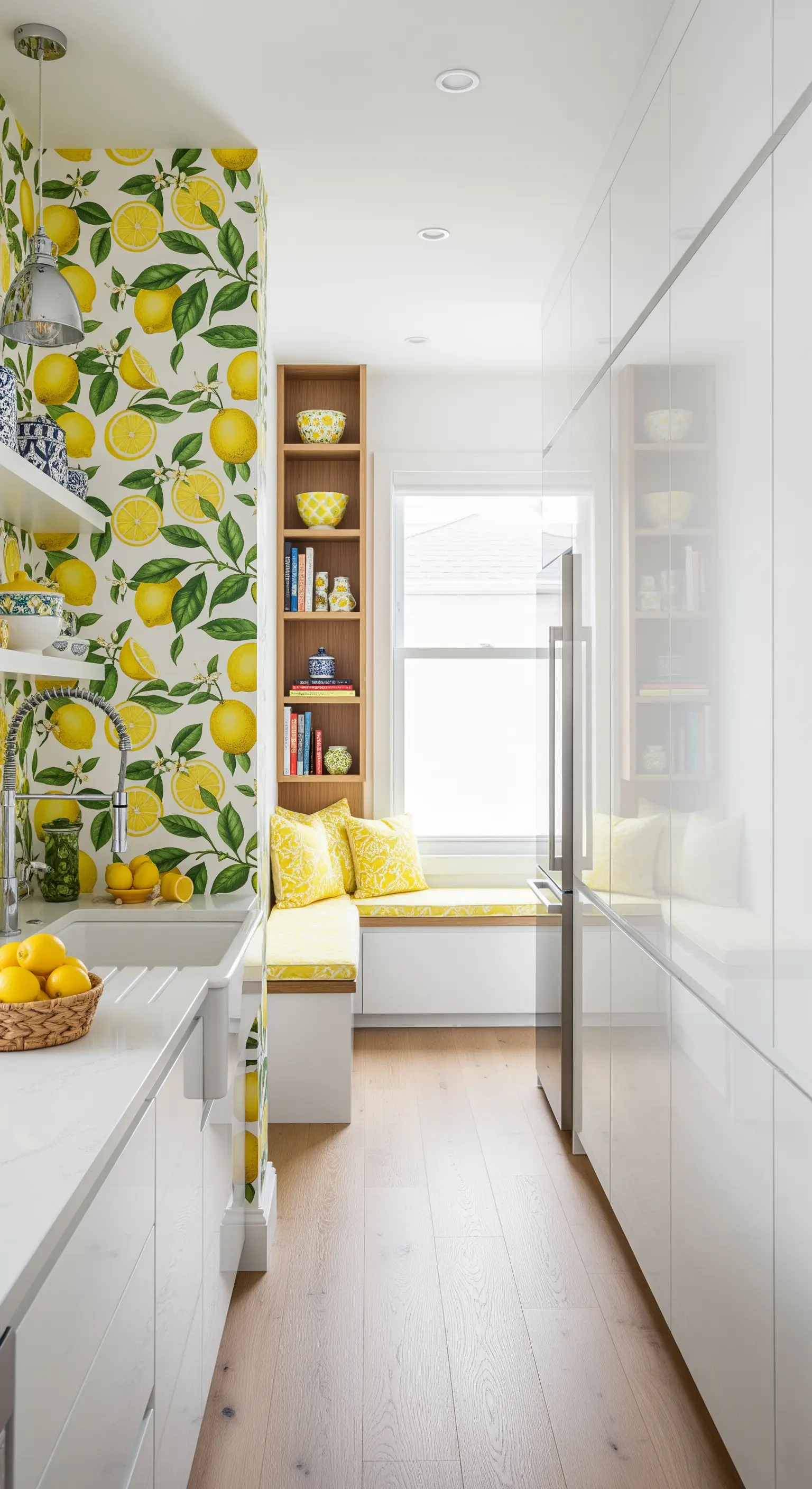 Schmale Küche mit Zitronentapete und hellem Fensterplatz