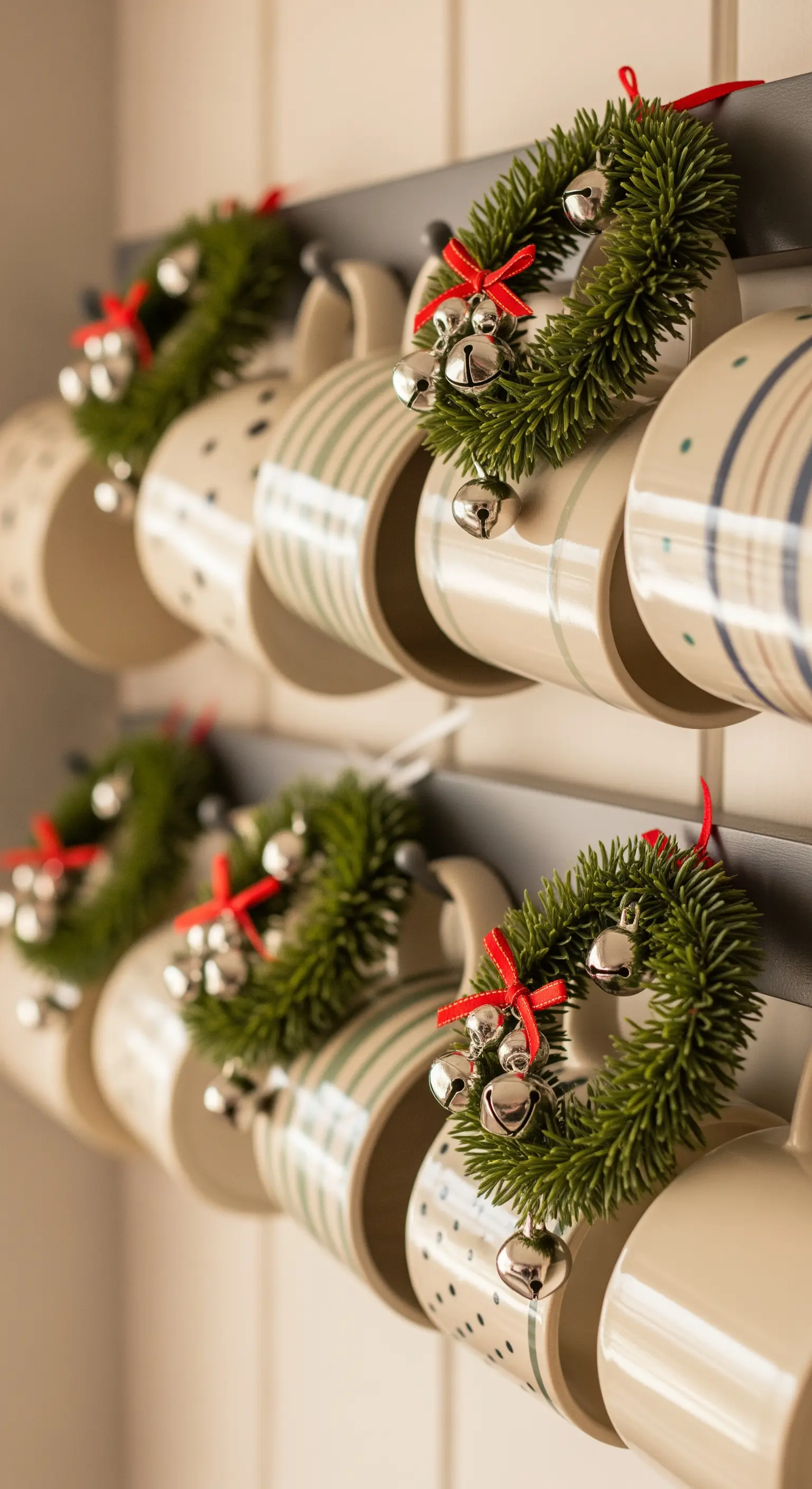 Tassenwand mit gestreiften Tassen und kleinen Kränzen mit Glöckchen an den Haken