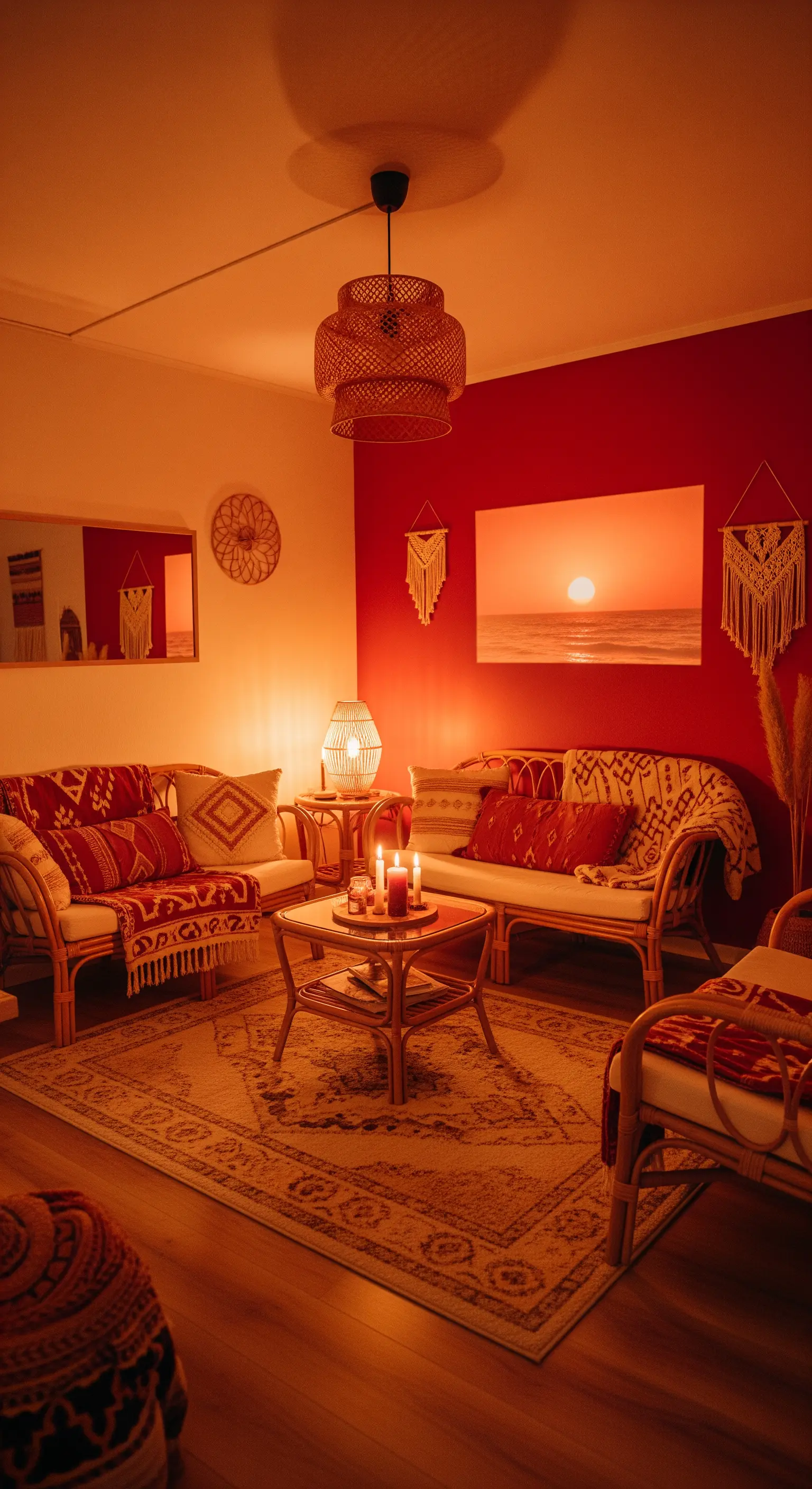 Wohnzimmer in warmen Rottönen mit Rattanmöbeln und sanfter, warmer Beleuchtung.