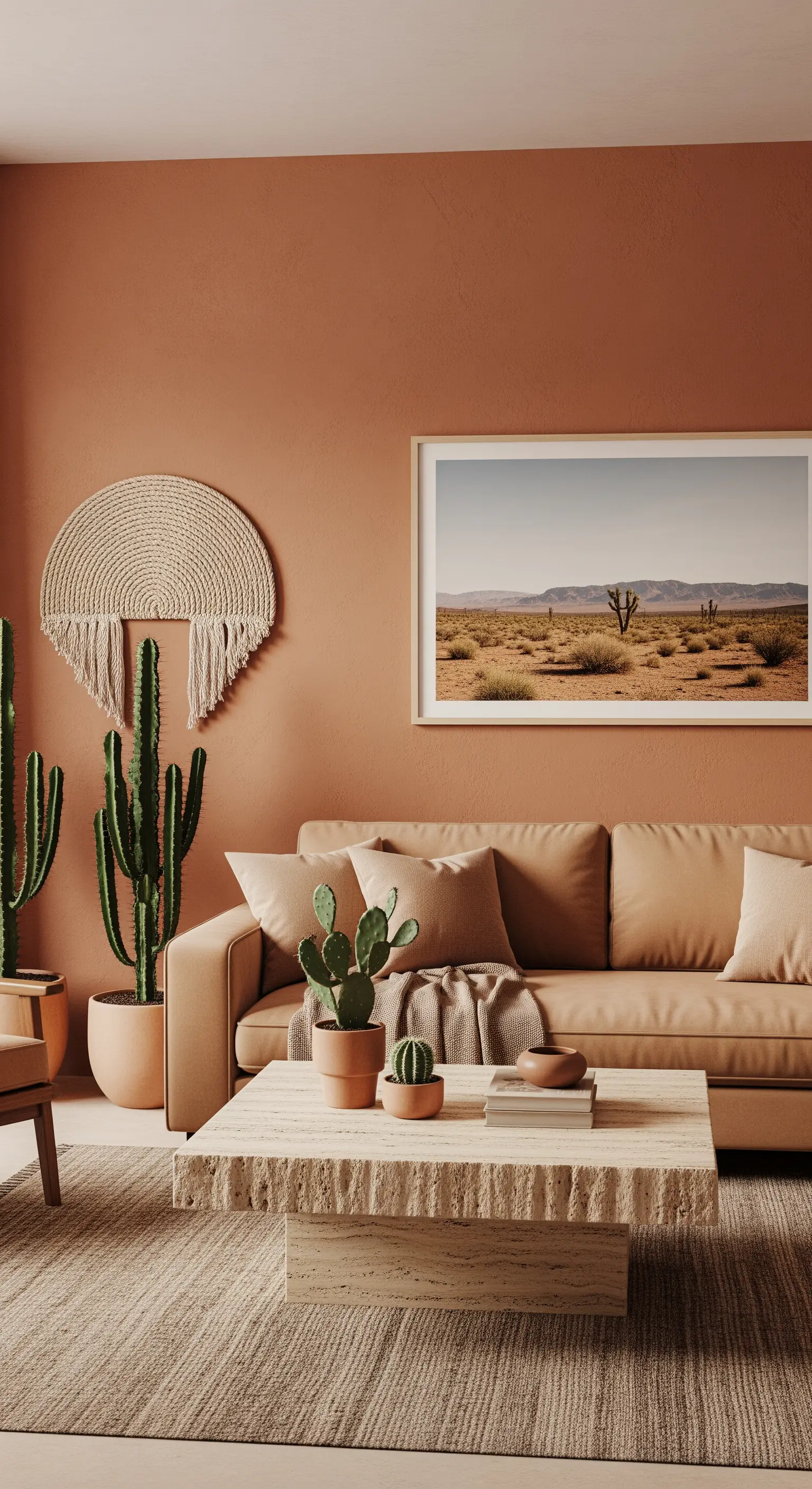 Wohnzimmer mit Terrakotta-Wänden, beigem Sofa und Kakteen als Dekoration