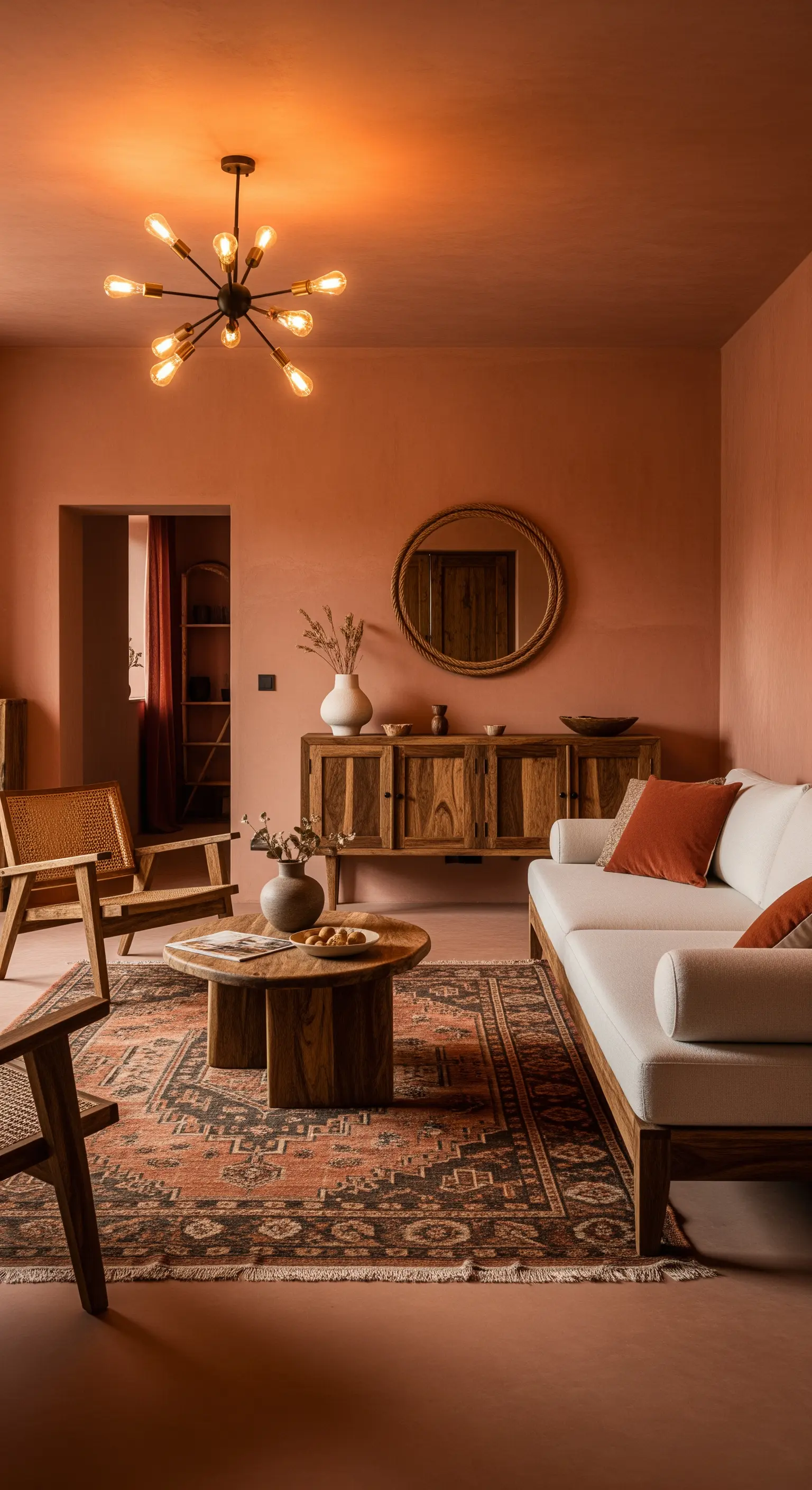 Wohnzimmer mit Wänden und Decke in Terrakotta, Holzmöbeln und einem hellen Sofa.