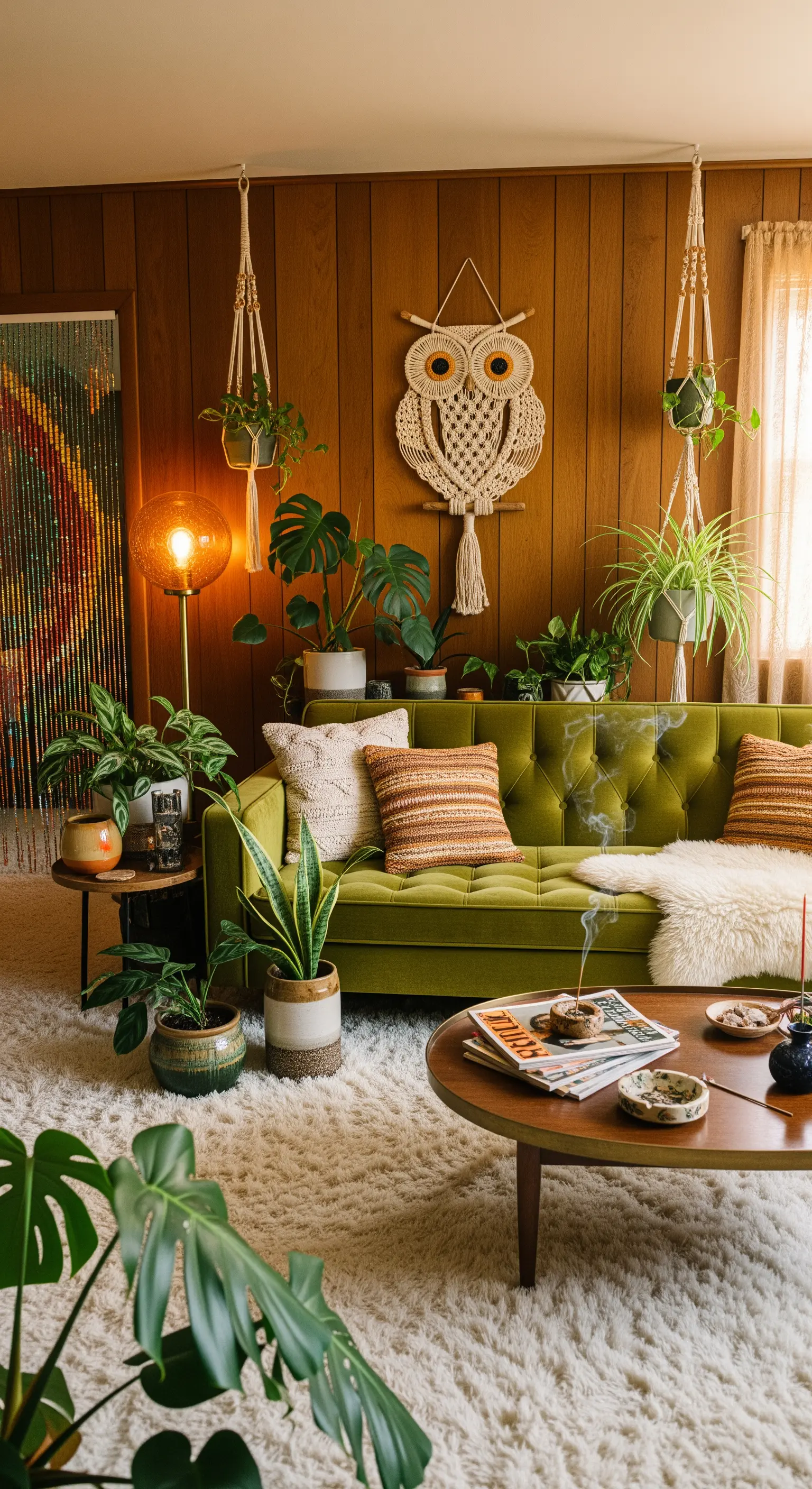 Ein Wohnzimmer im 70er-Jahre-Stil mit Holzvertäfelung, grünem Samtsofa und Makramee-Eule.