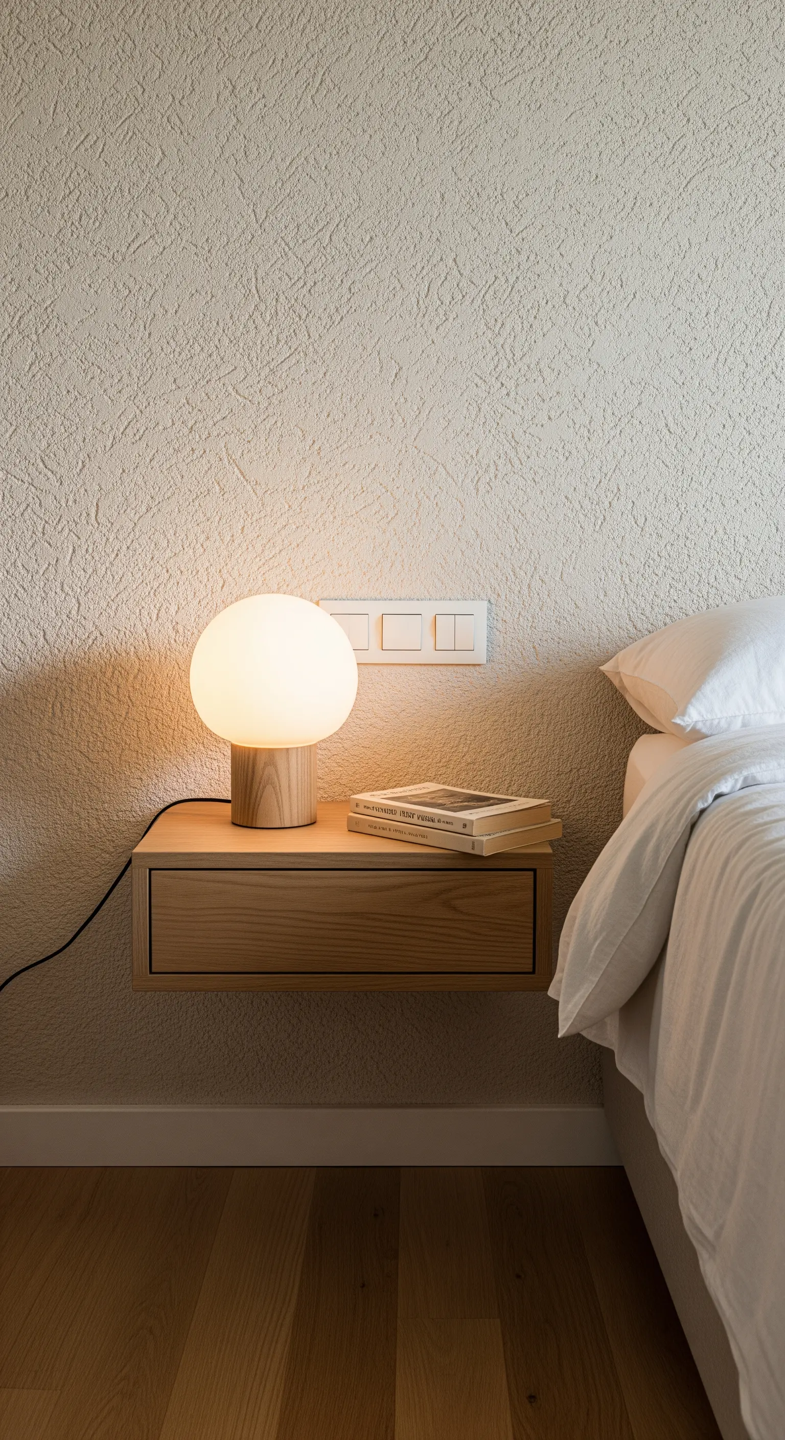 Schwebender Holz-Nachttisch mit einer kugelförmigen Lampe an einer texturierten Wand.