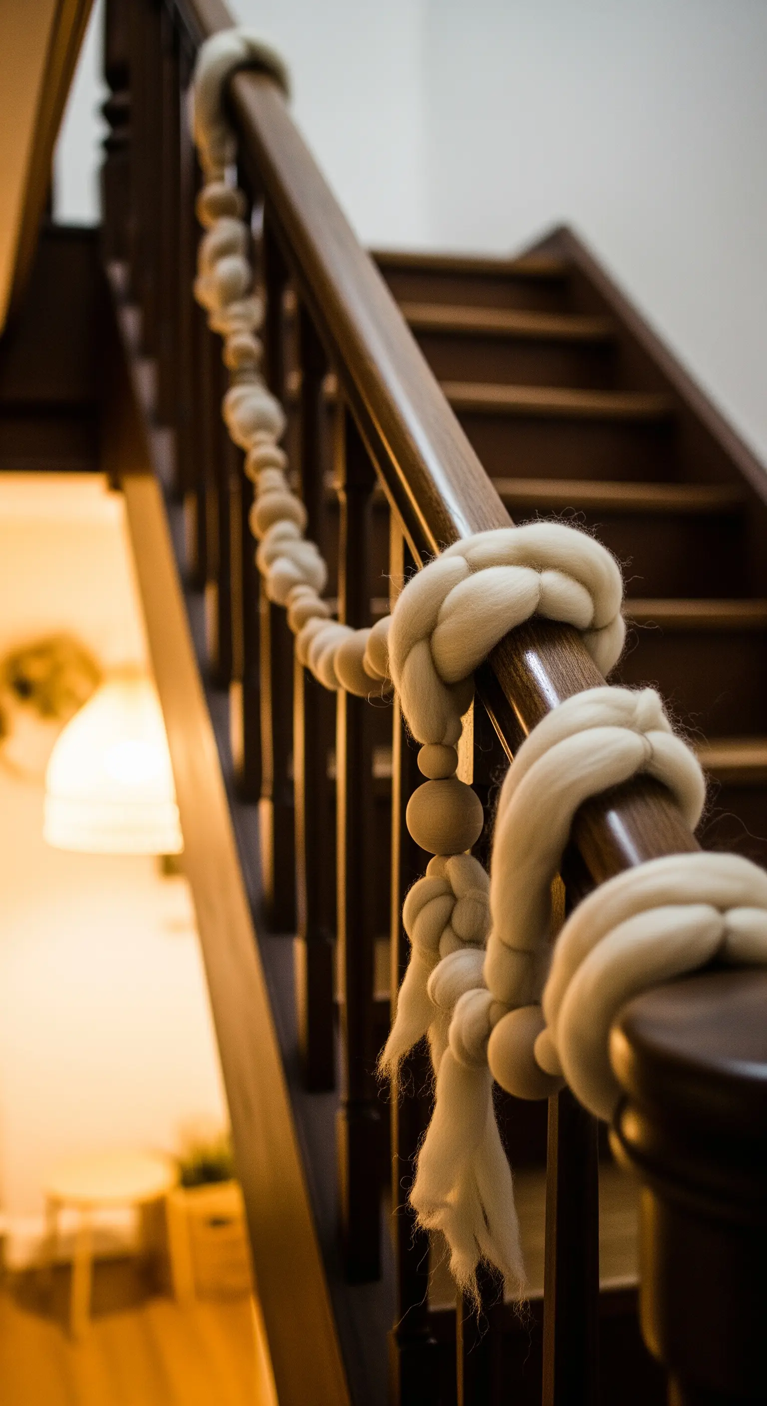 Treppengeländer aus dunklem Holz, dekoriert mit einer dicken, weißen Wollgirlande.