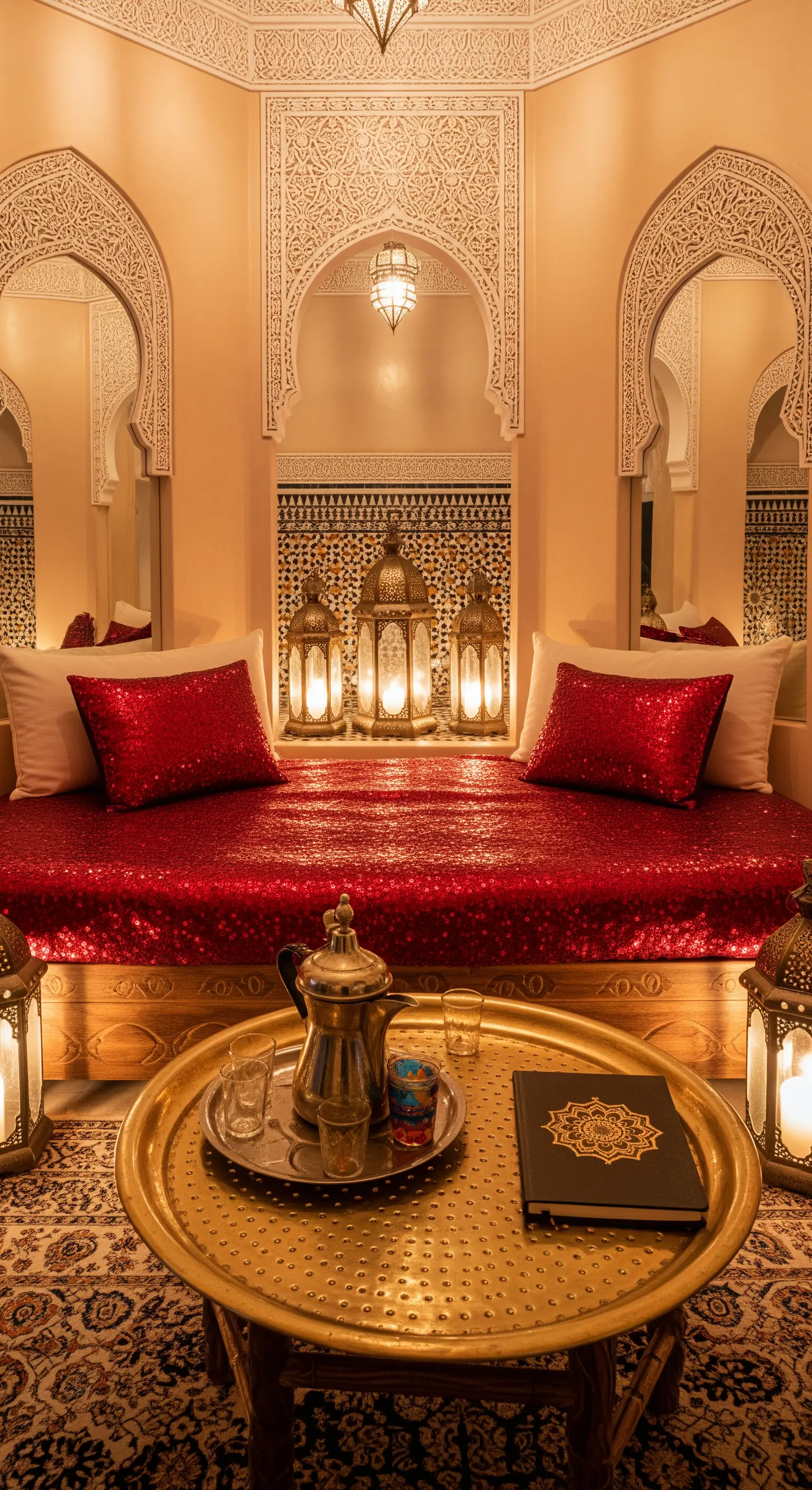 Luxuriöser marokkanischer Raum mit roten Pailletten-Kissen, Messinglaternen und einem Goldtablett.