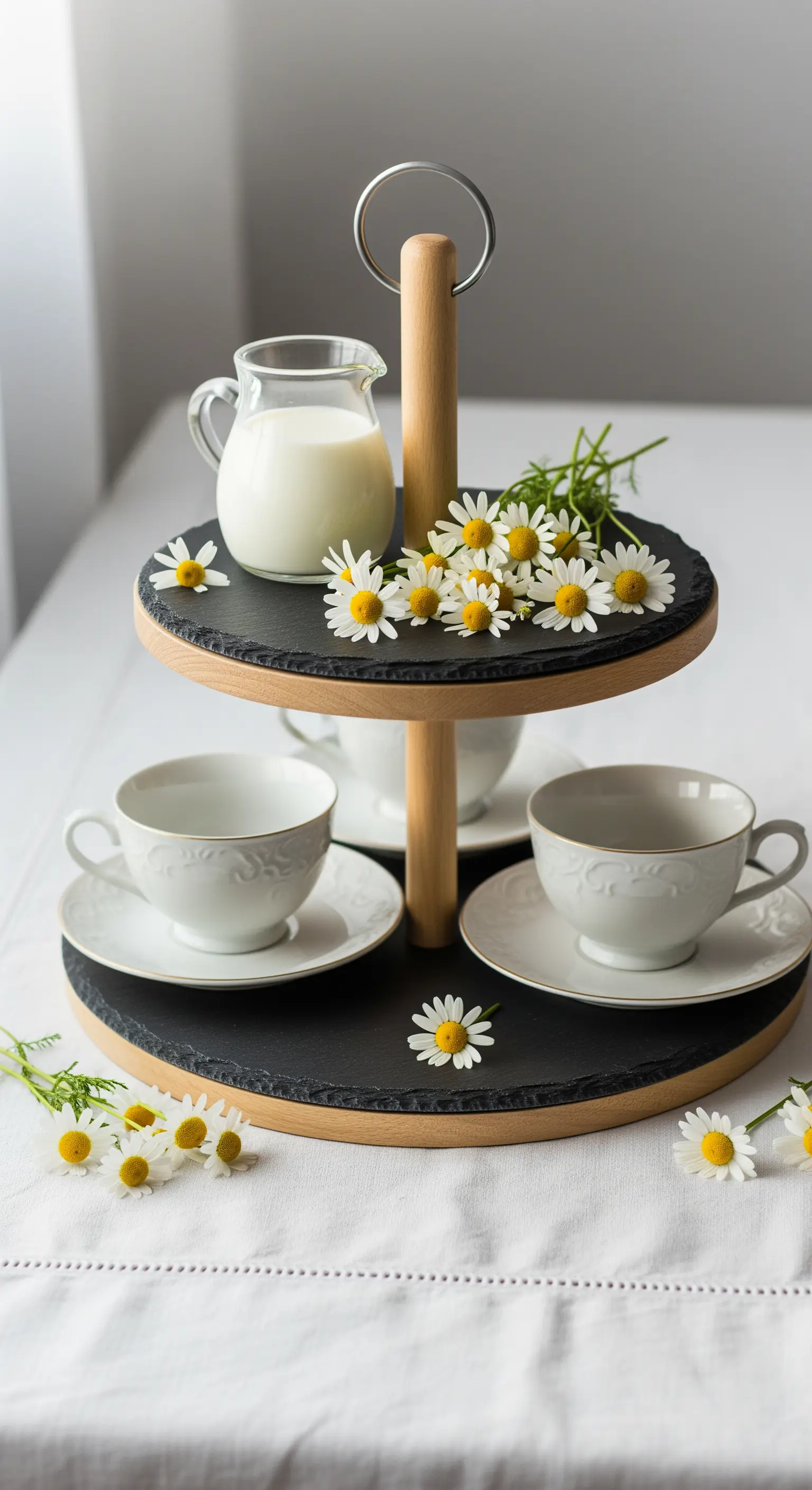 Holz-Schiefer-Etagere mit Teegeschirr und Kamillenblüten
