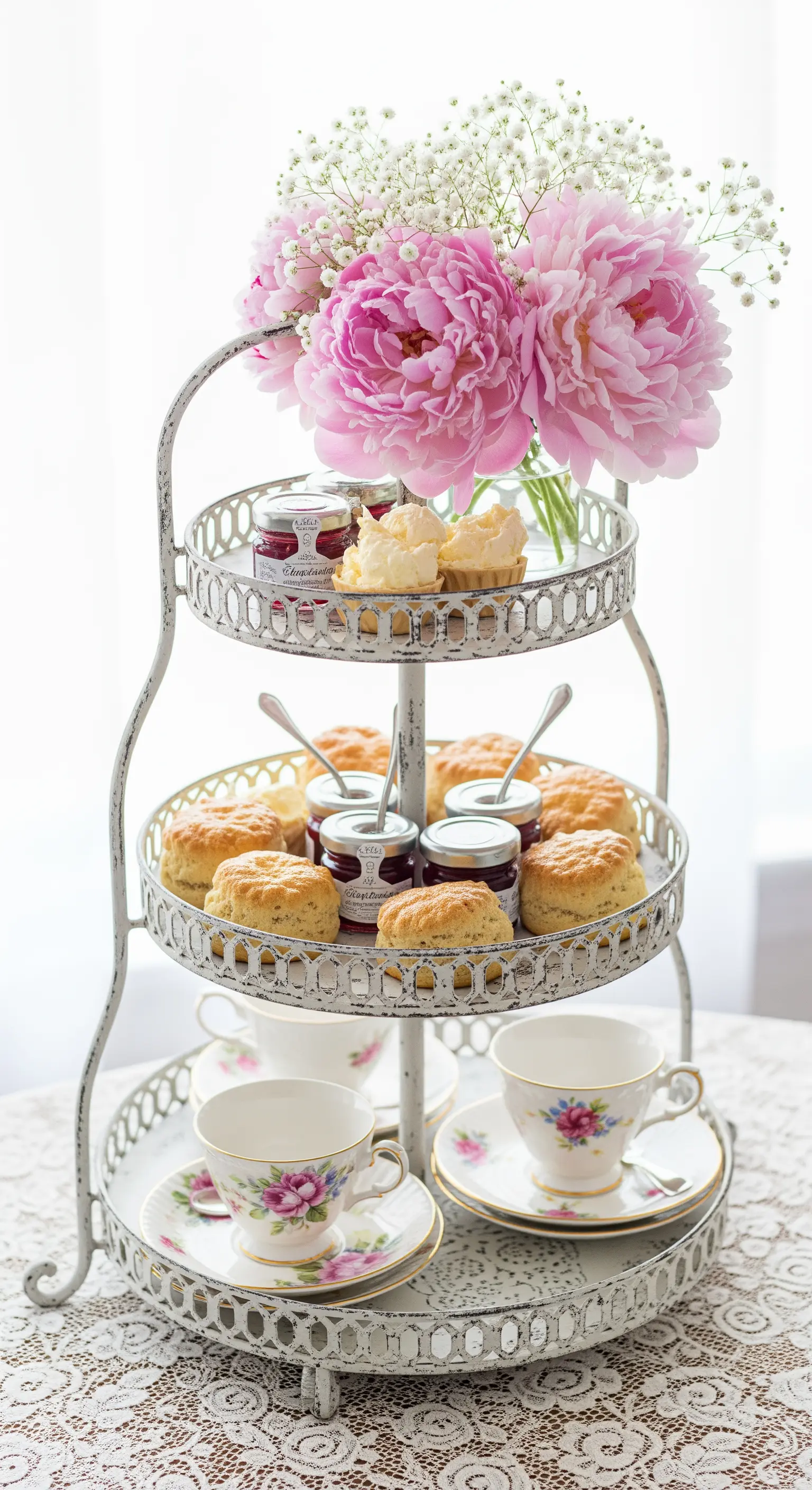 Vintage-Etagere für Afternoon Tea mit Pfingstrosen, Scones und Porzellantassen.