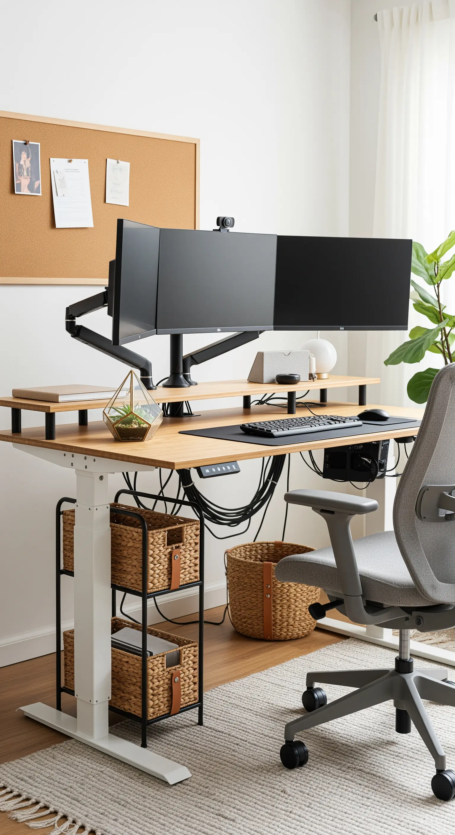 Ergonomischer Stehschreibtisch mit Monitoren, ausbalanciert durch Holzelemente und Körbe