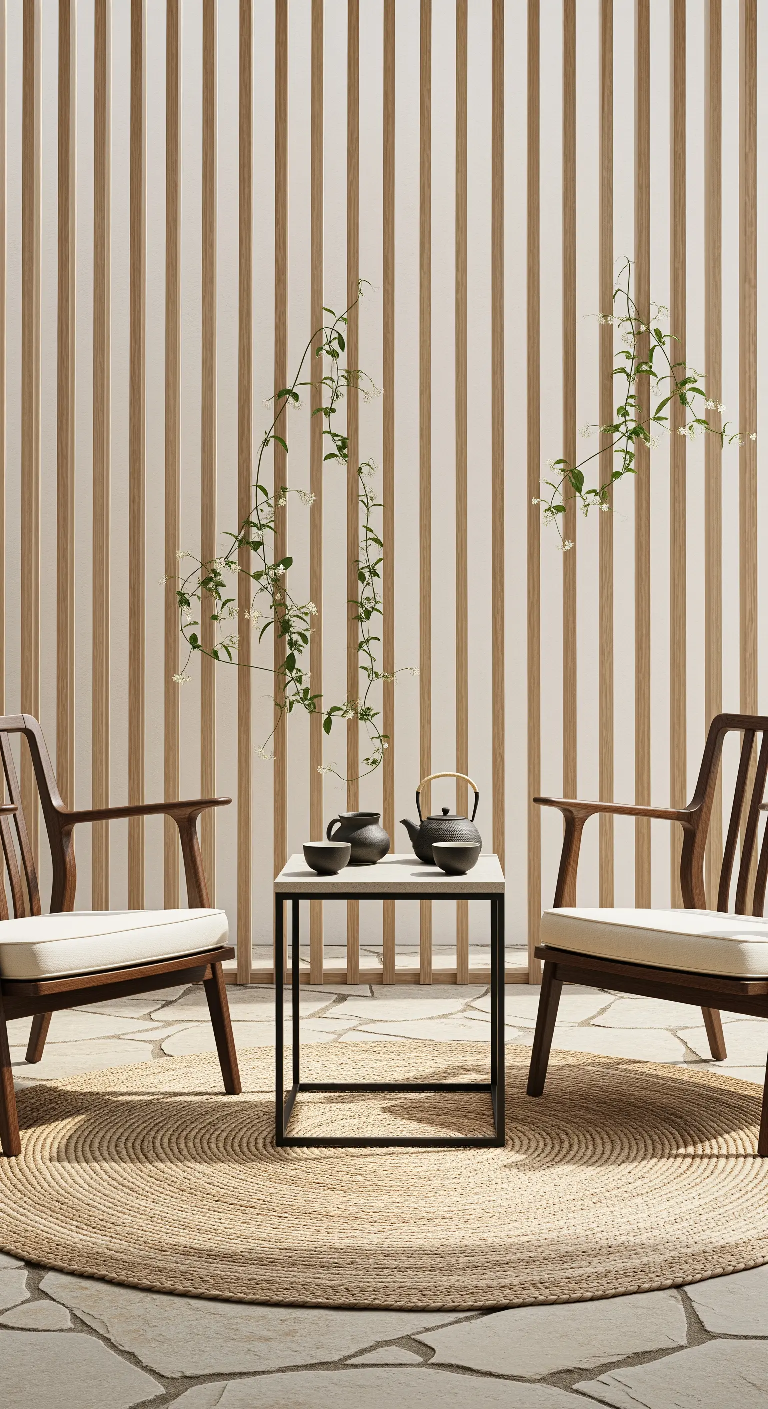 Tee-Ecke mit Holzsesseln, Lamellenwand, Naturteppich, Teegeschirr im Japandi Stil
