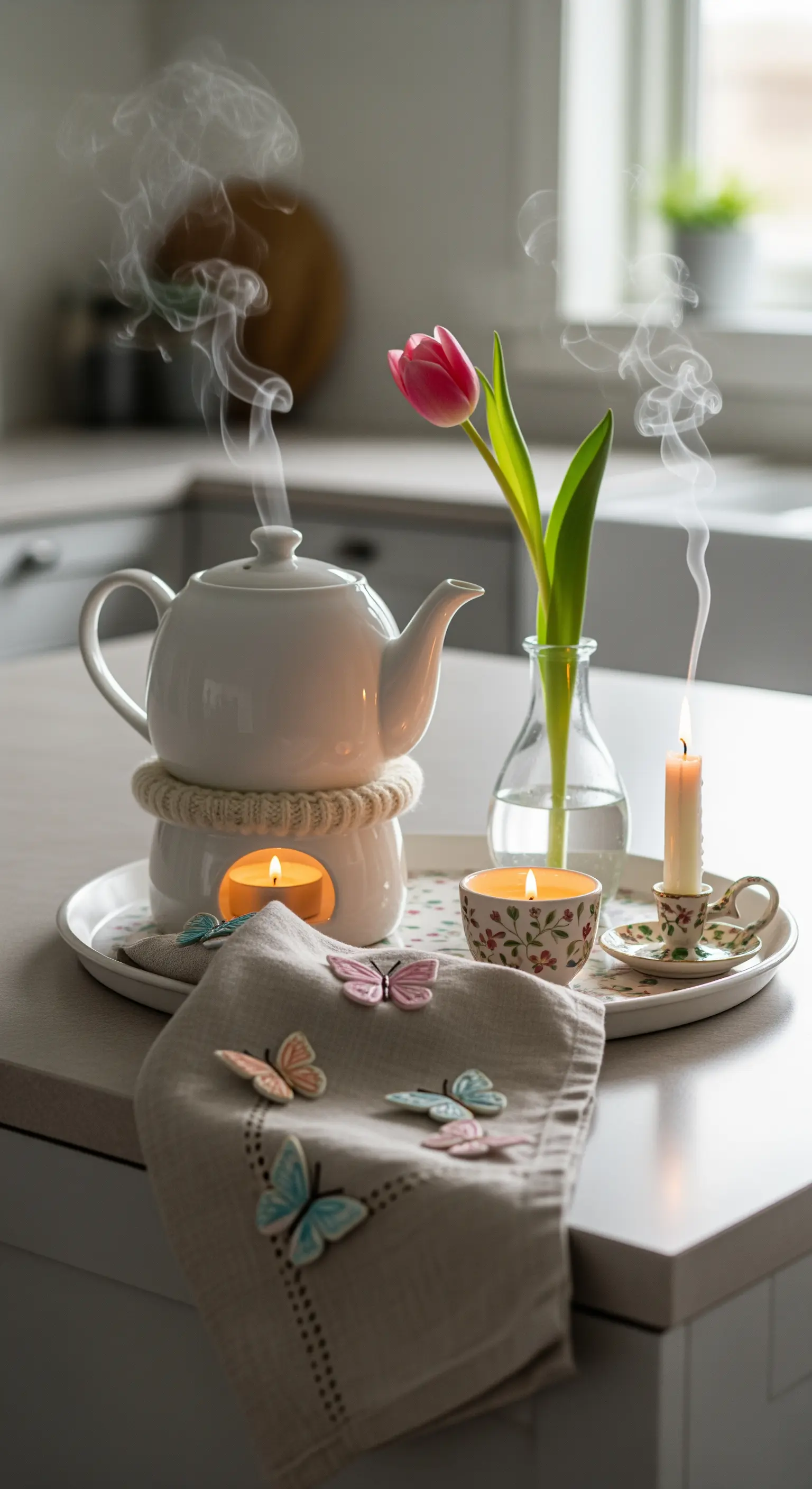 Teekanne auf Stövchen, einzelne rosa Tulpe, Votivkerzen und Schmetterlings-Serviette
