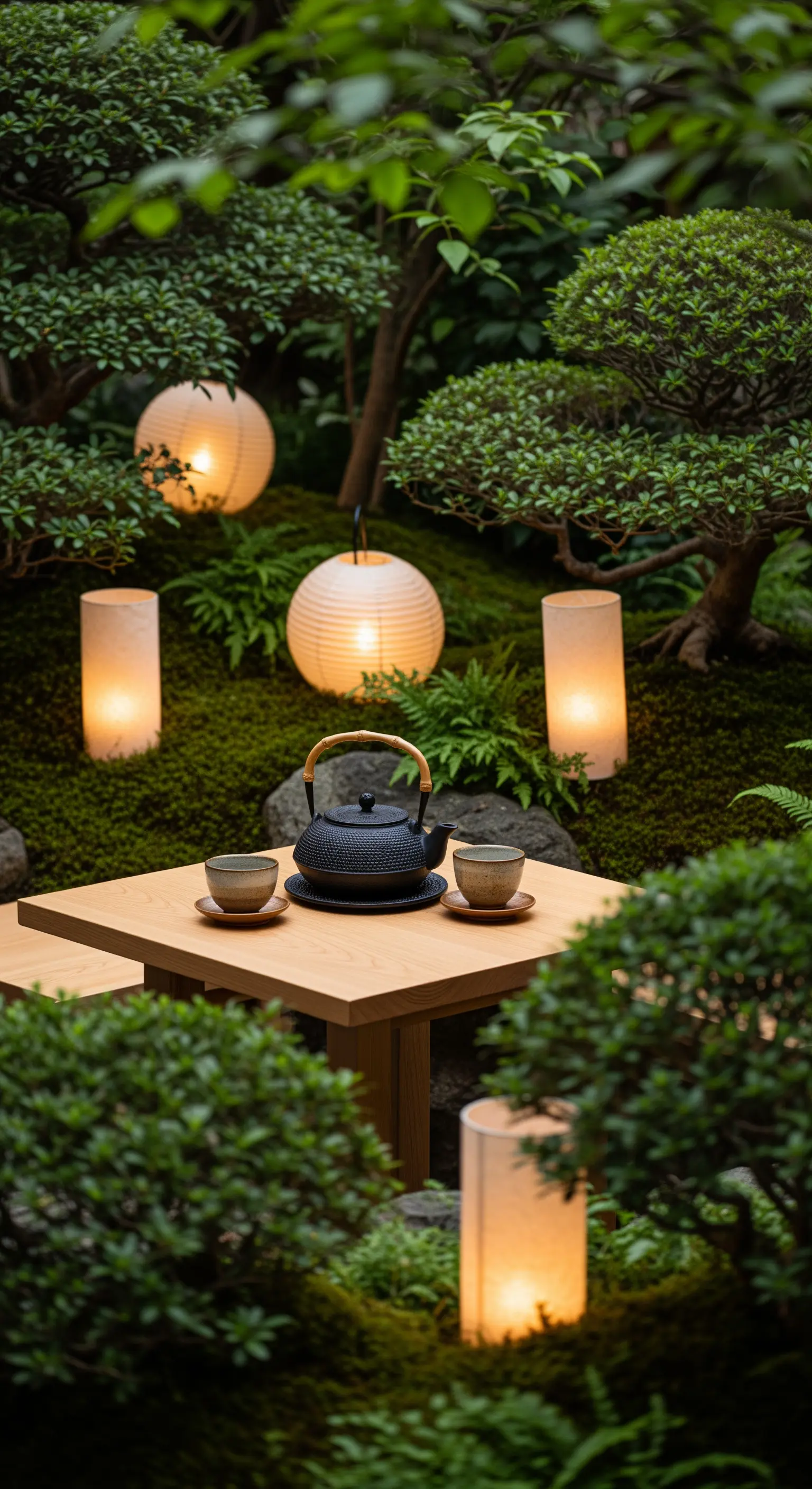 Teetisch, Moosgarten, Papierlaternen, Bonsai, Japandi