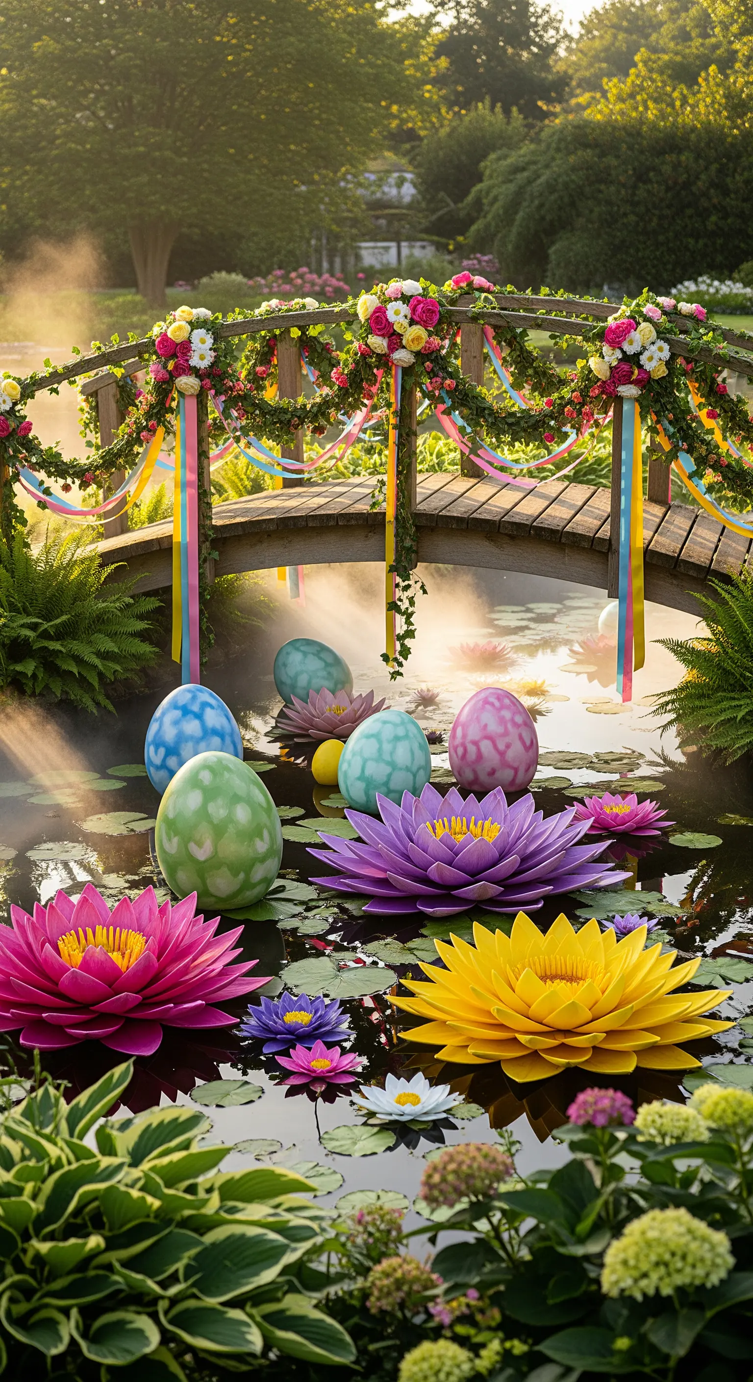 Teich mit schwimmenden Riesen-Ostereiern und Seerosen, Brücke mit Bändern geschmückt