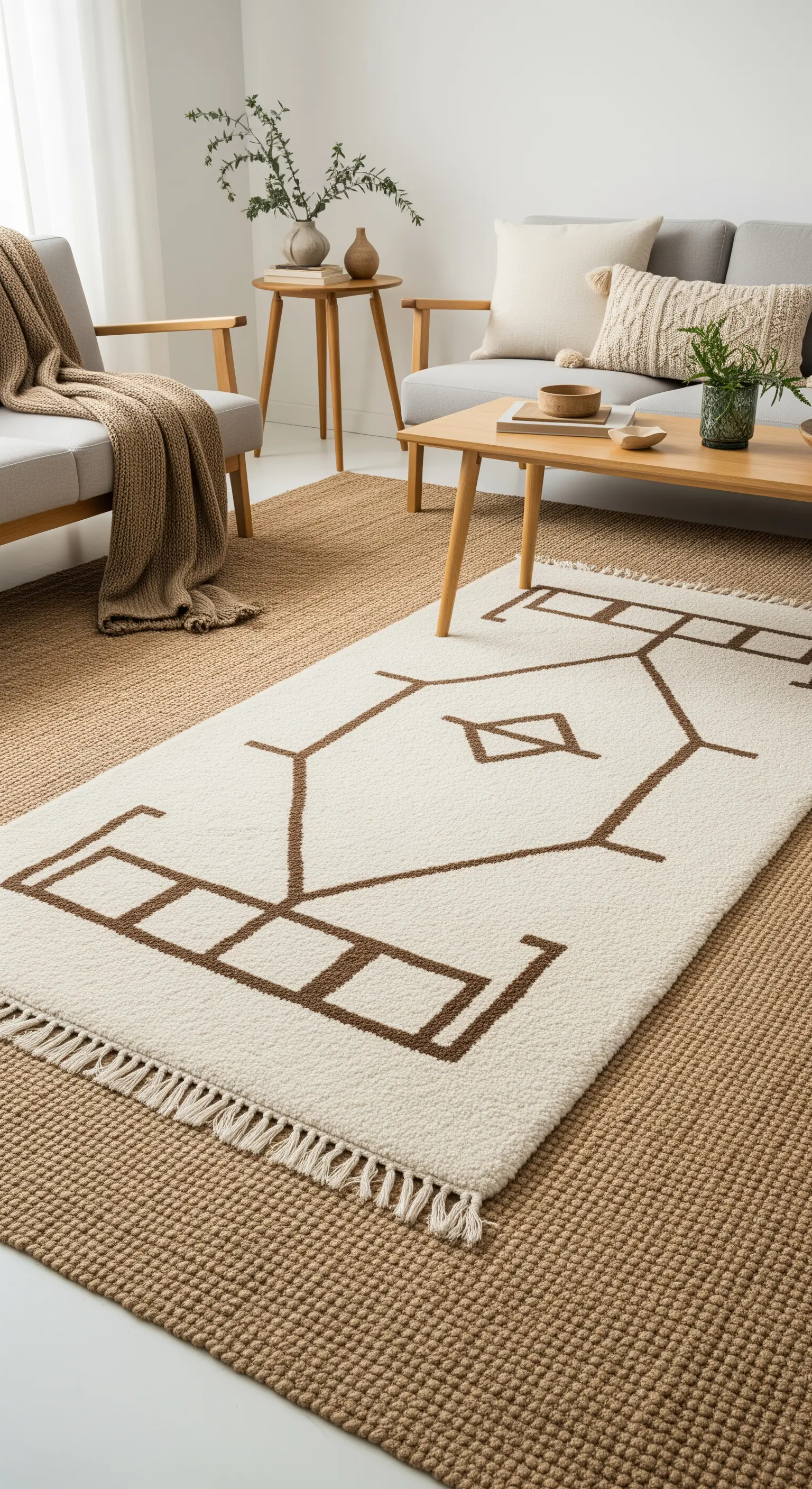 Ein gemusterter Wollteppich liegt über einem größeren Jute-Teppich im Wohnzimmer.