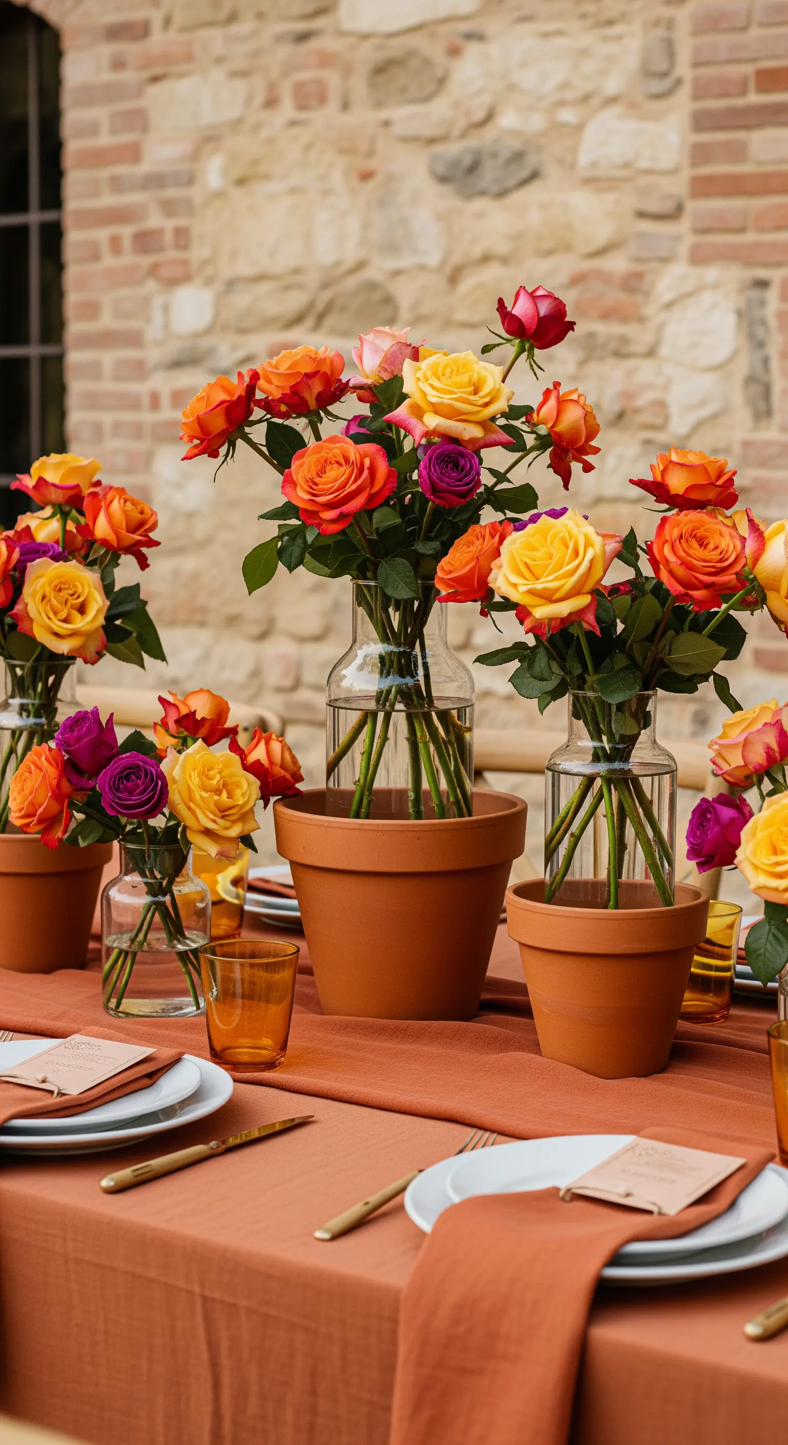 Rustikale Tischdeko mit bunten Rosen in Glasvasen, die in Terrakotta-Töpfen stehen.