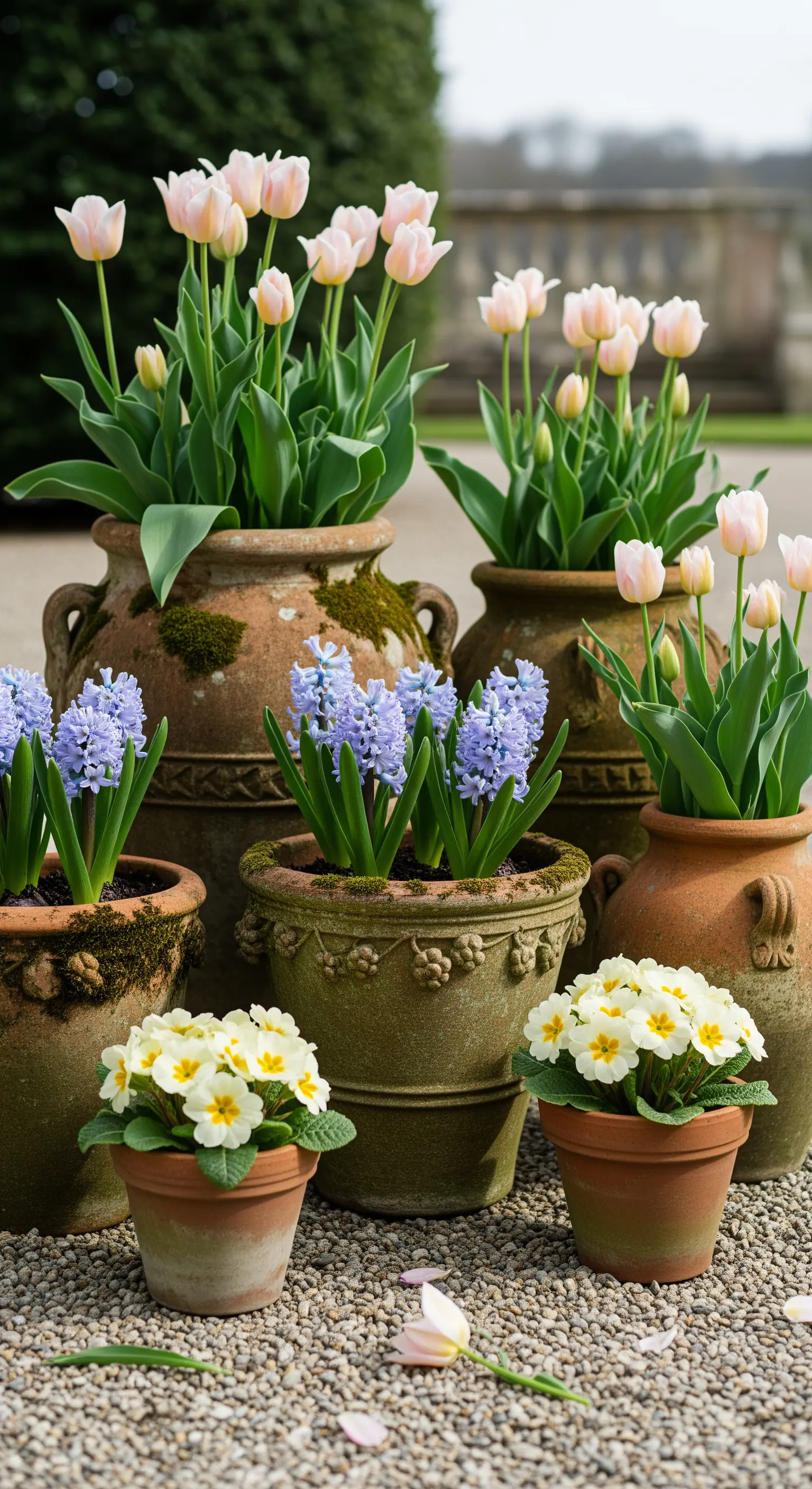 Terrakottatöpfe mit rosa Tulpen, lila Hyazinthen und gelben Primeln