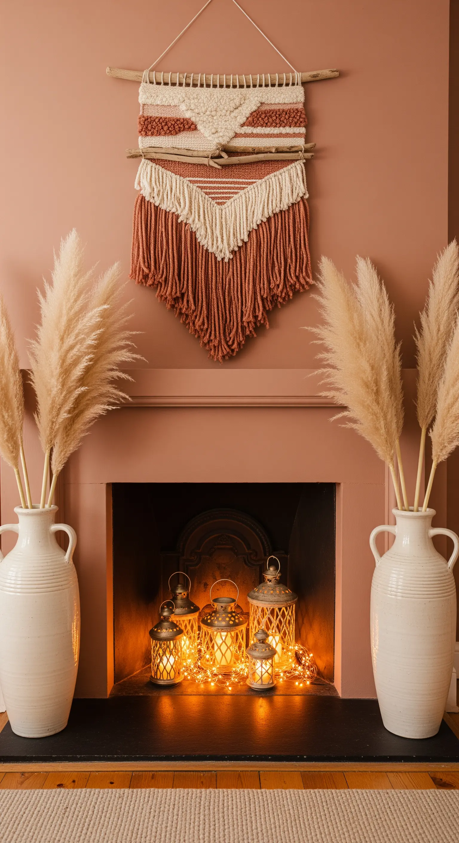 Terrakotta-Wand mit Makramee und Laternen im Kamin