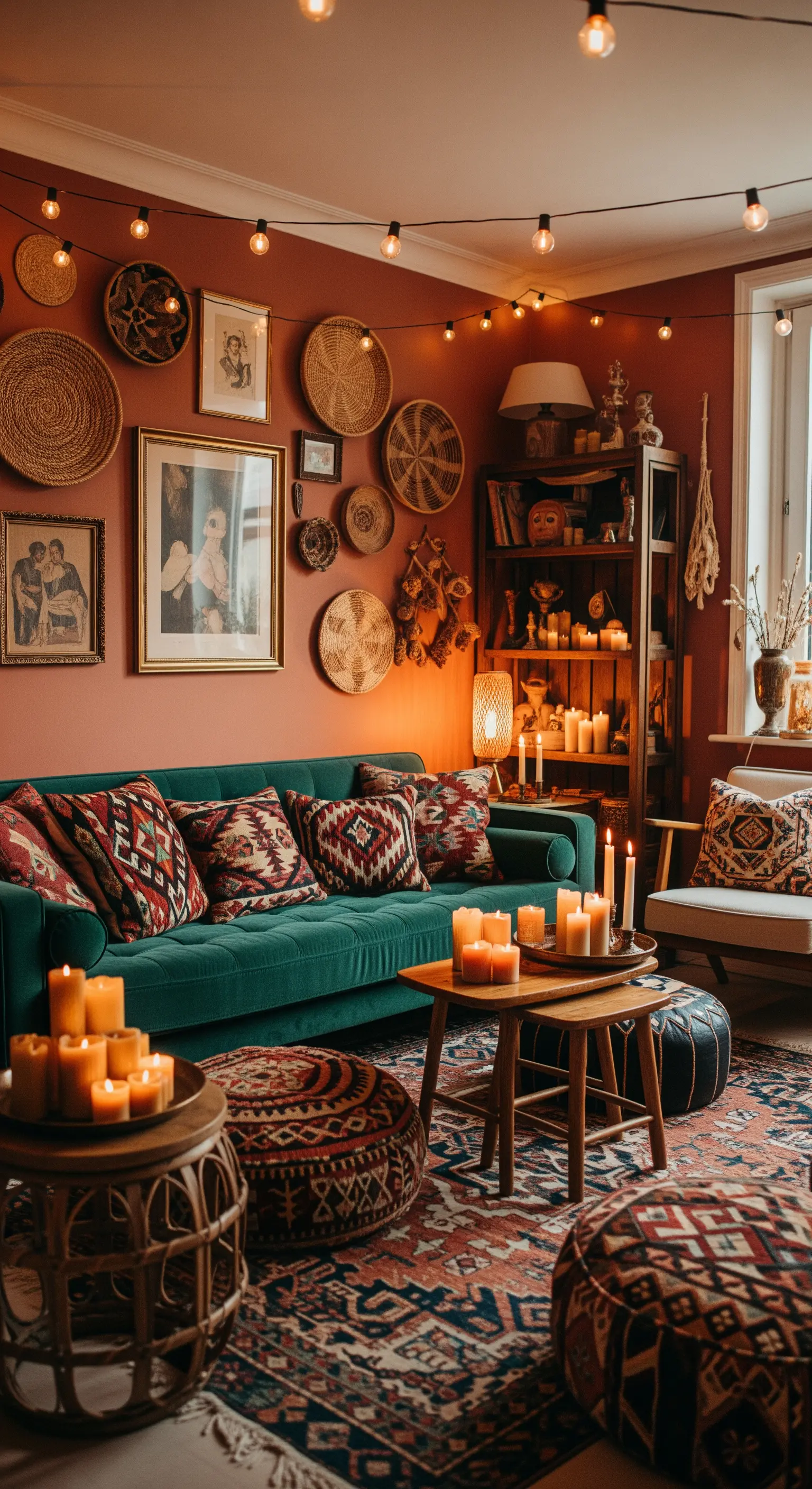 Wohnzimmer mit terrakottafarbener Wand und Lichterketten an der Decke