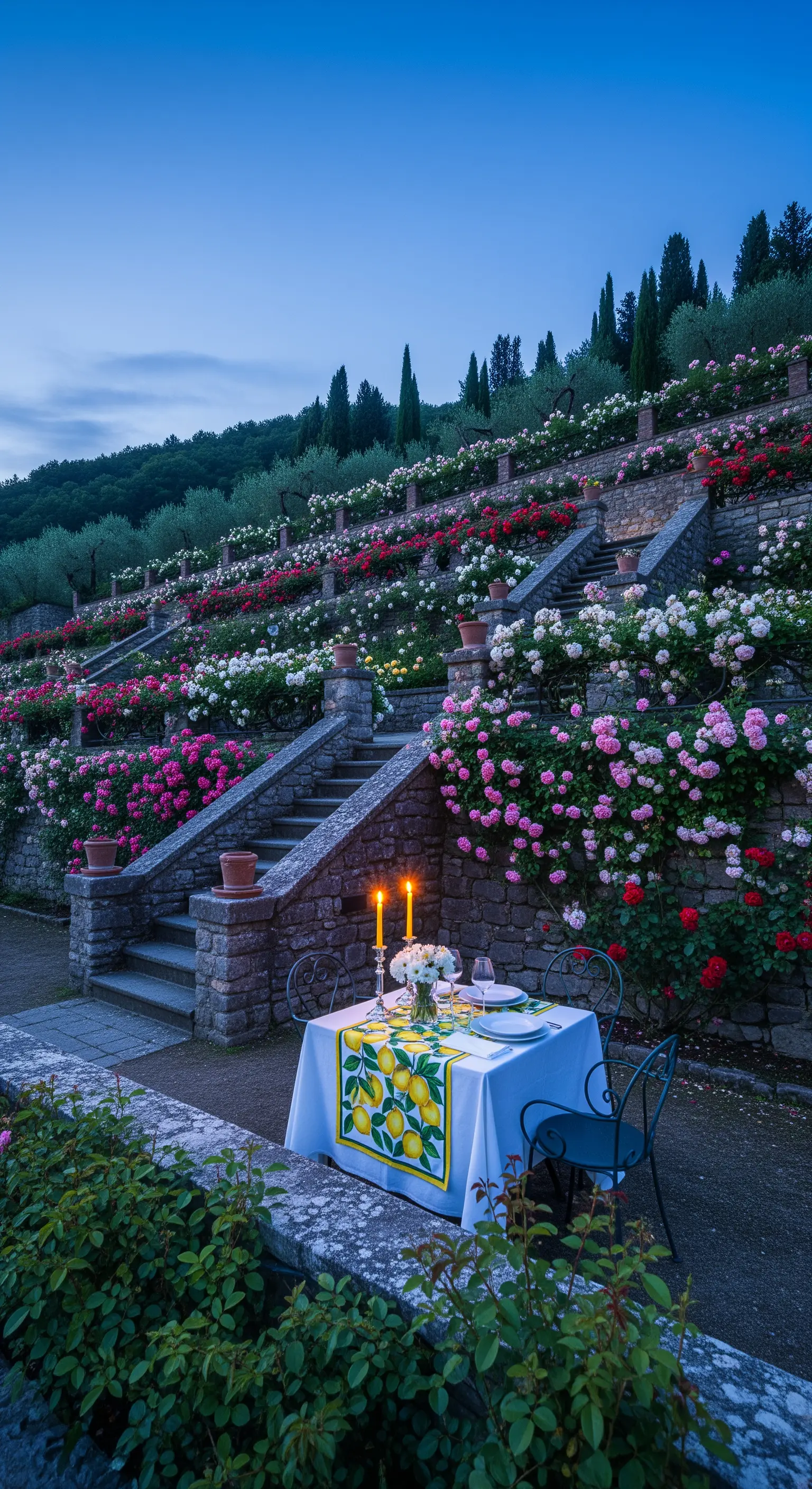 Tisch auf Rosenterrasse mit Zitronen-Tischdecke und Kerzen