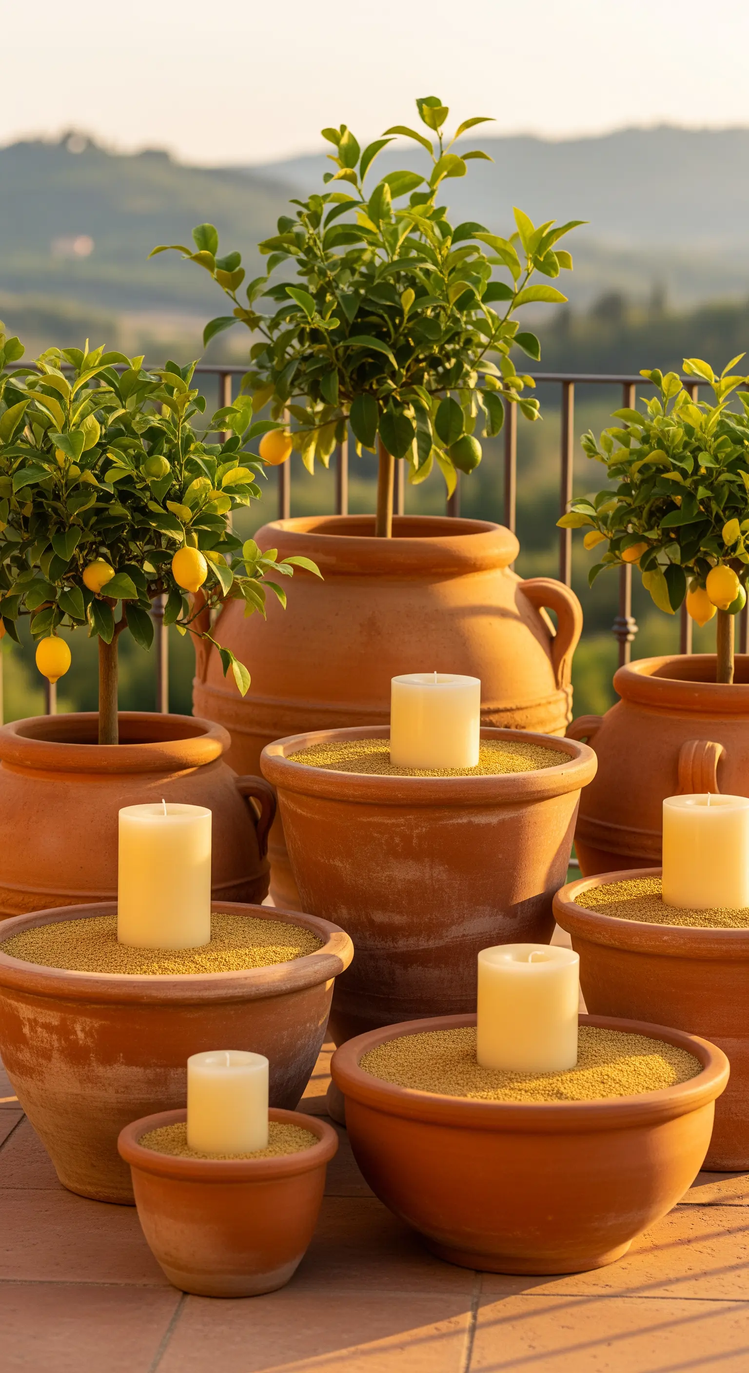 Terrasse mit abgestuften Terrakottatöpfen, Zitronenbäumen und Kerzen in Sand