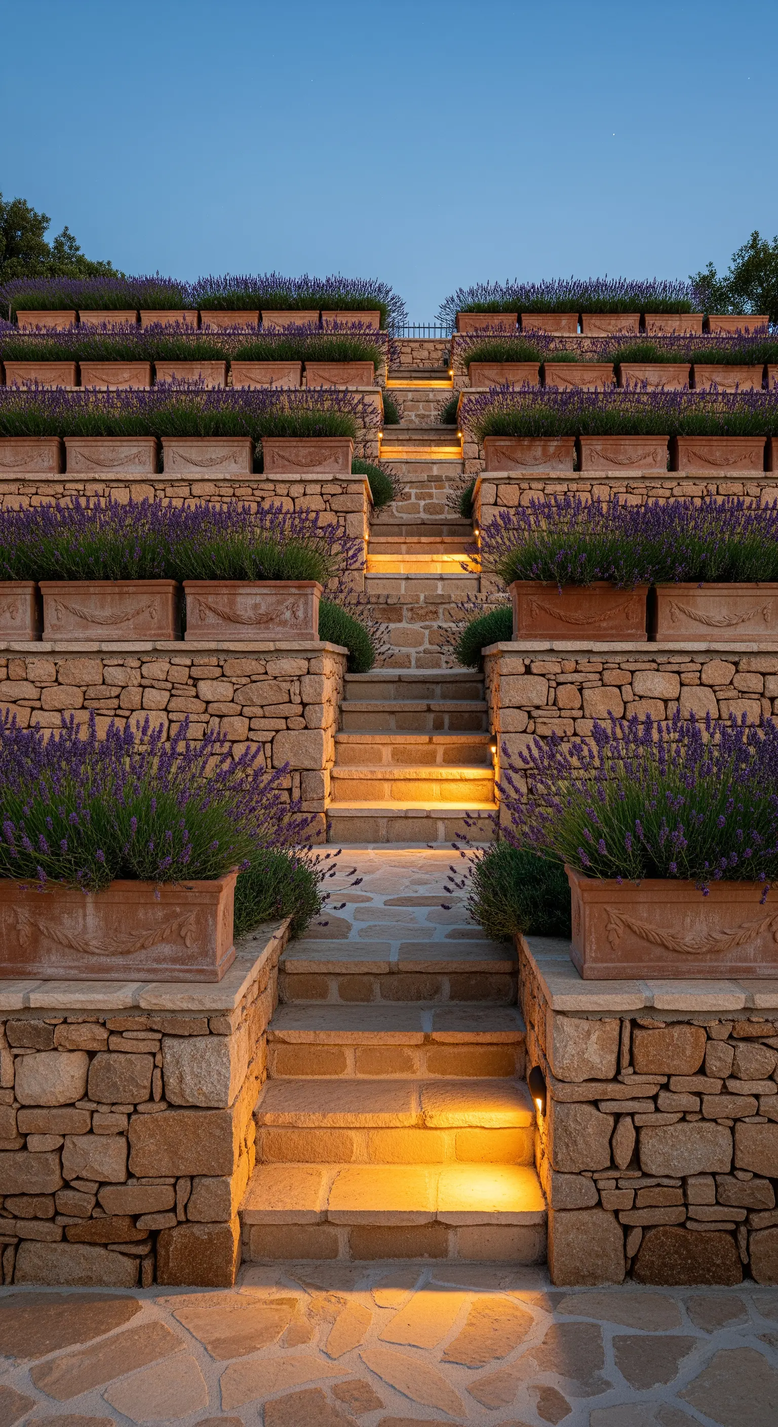 Gestufte Terrasse mit Lavendelpflanzkästen und integrierter Beleuchtung