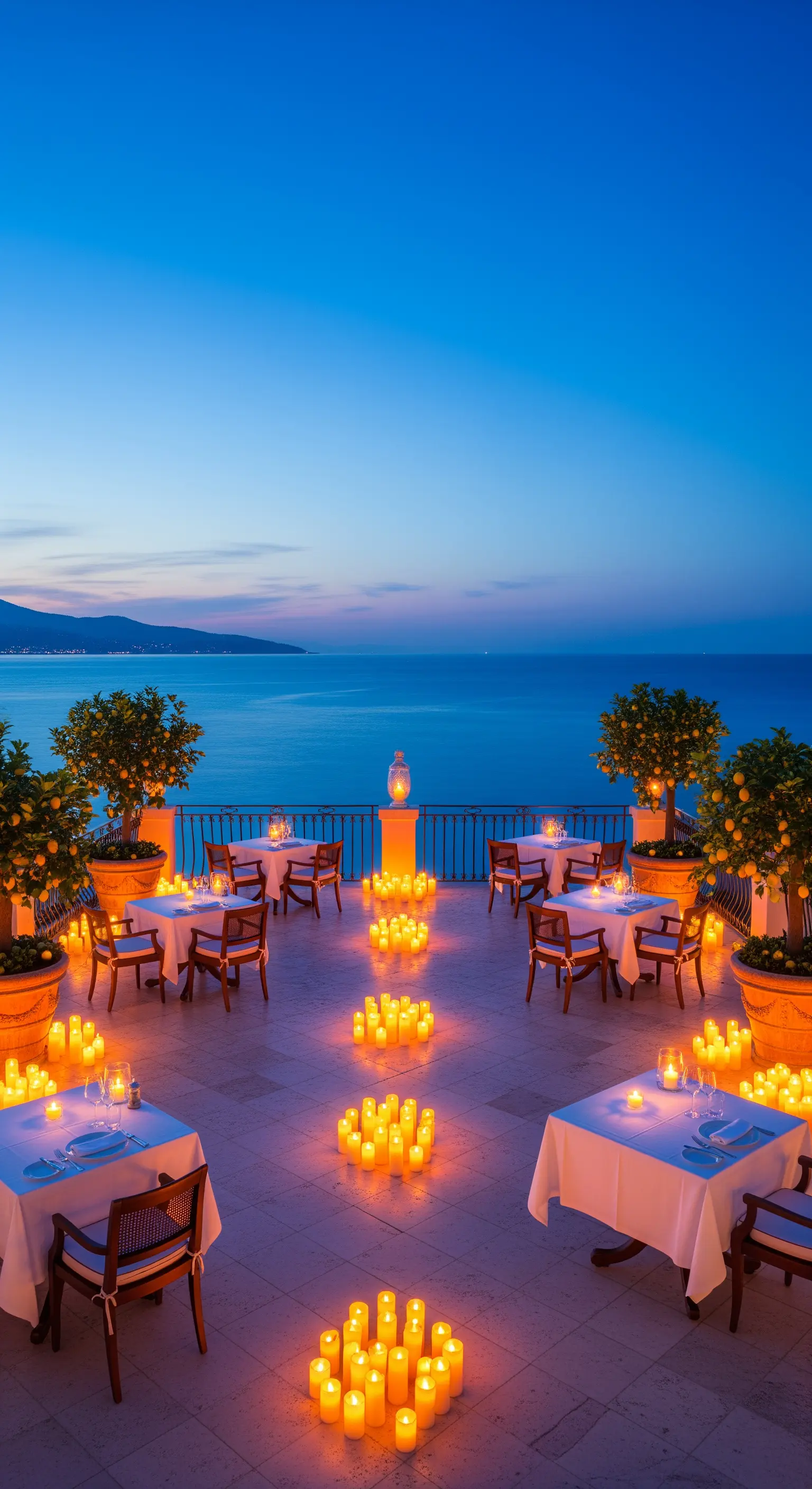 Terrassen-Restaurant mit weiß gedeckten Tischen, Kerzenmeer und Zitronenbäumen am Meer