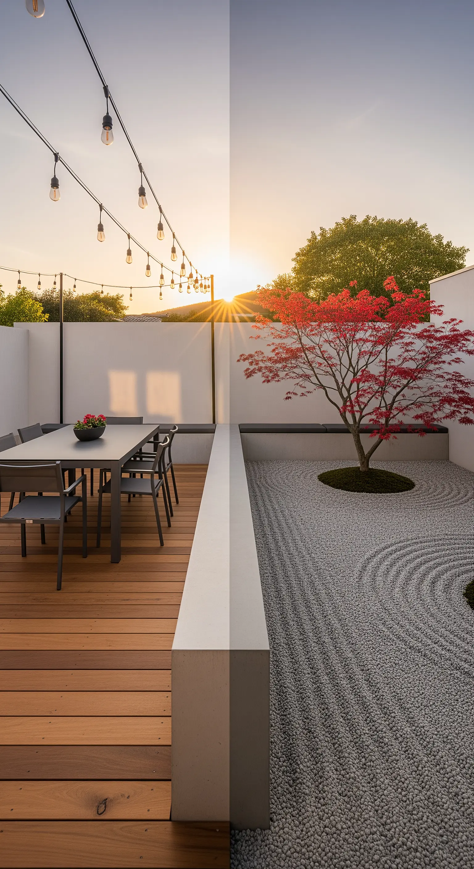 Japandi Terrasse mit Esstisch und Zen-Garten mit Ahornbaum und Kies