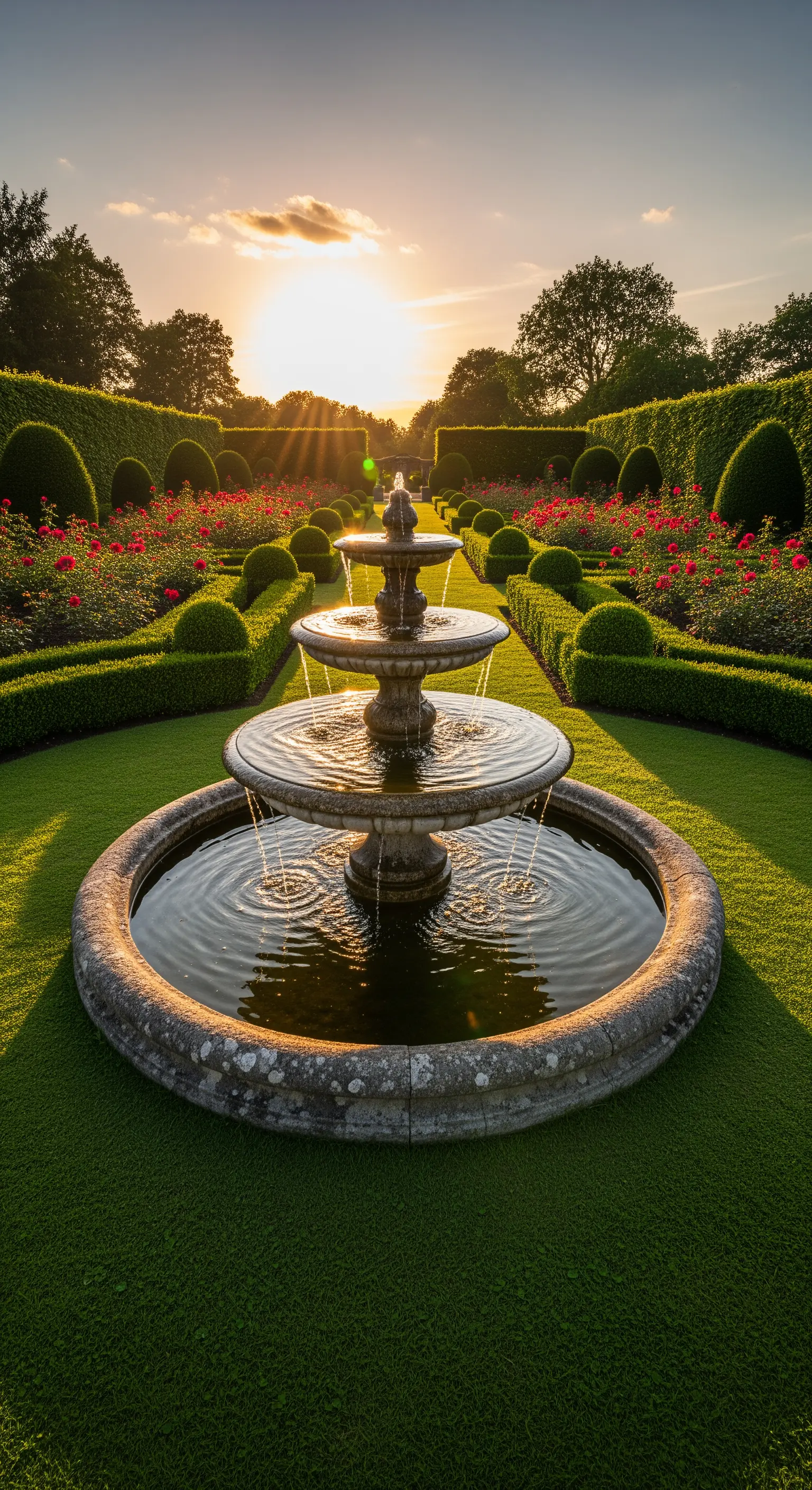Mehrstufiger Steinbrunnen als Vogeltränke in einem formalen Rosengarten