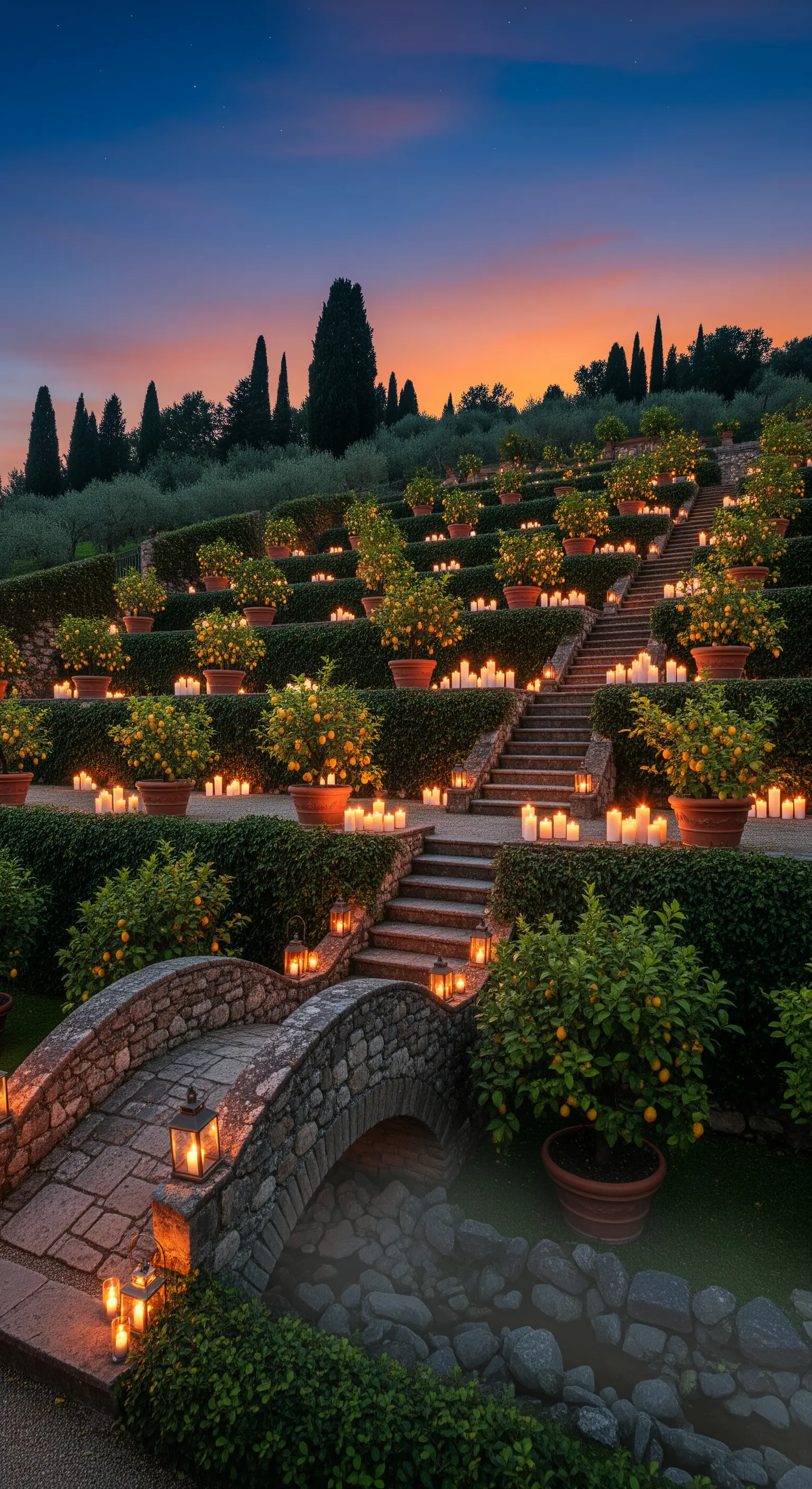 Terrassierter Garten mit Kerzenlicht, Zitronenbäumen und einem malerischen Sonnenuntergang