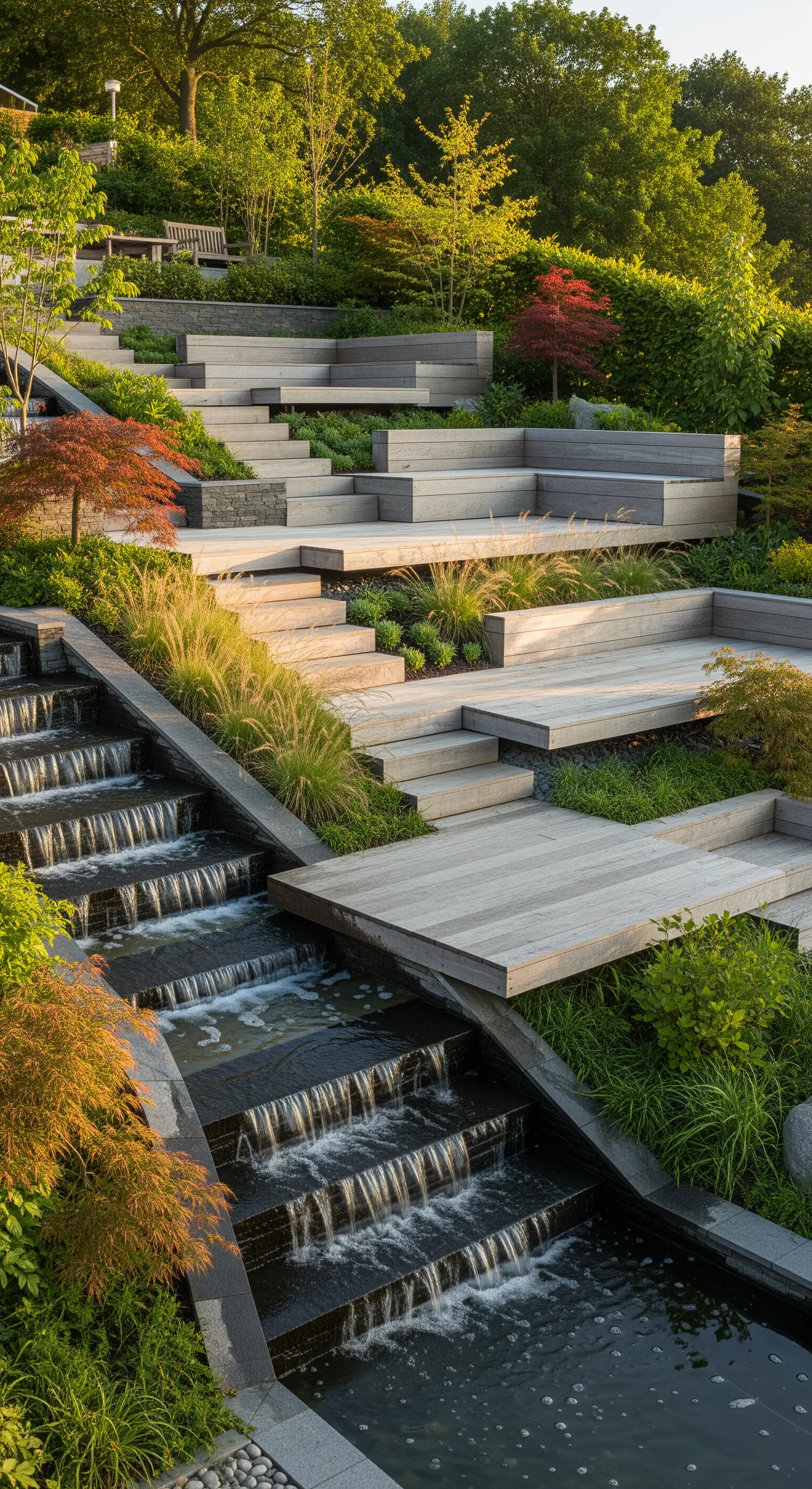 Mehrstufiger Hanggarten mit Holzterrassen, Steinstufen und einem kaskadenartigen Wasserfall.