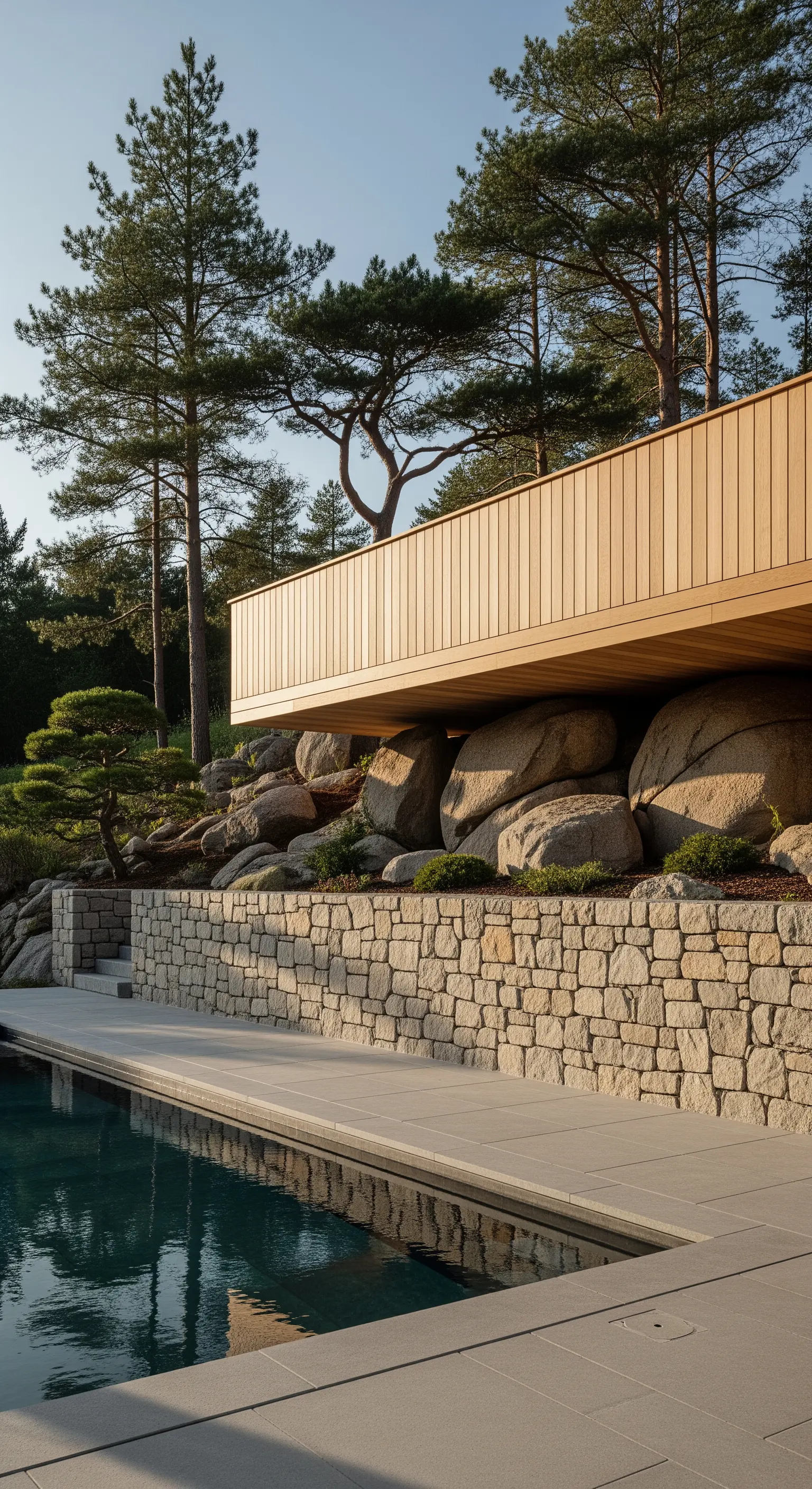 Terrassenpool mit hoher Steinmauer, darüber schwebendem Holzbau und Pinienbäumen