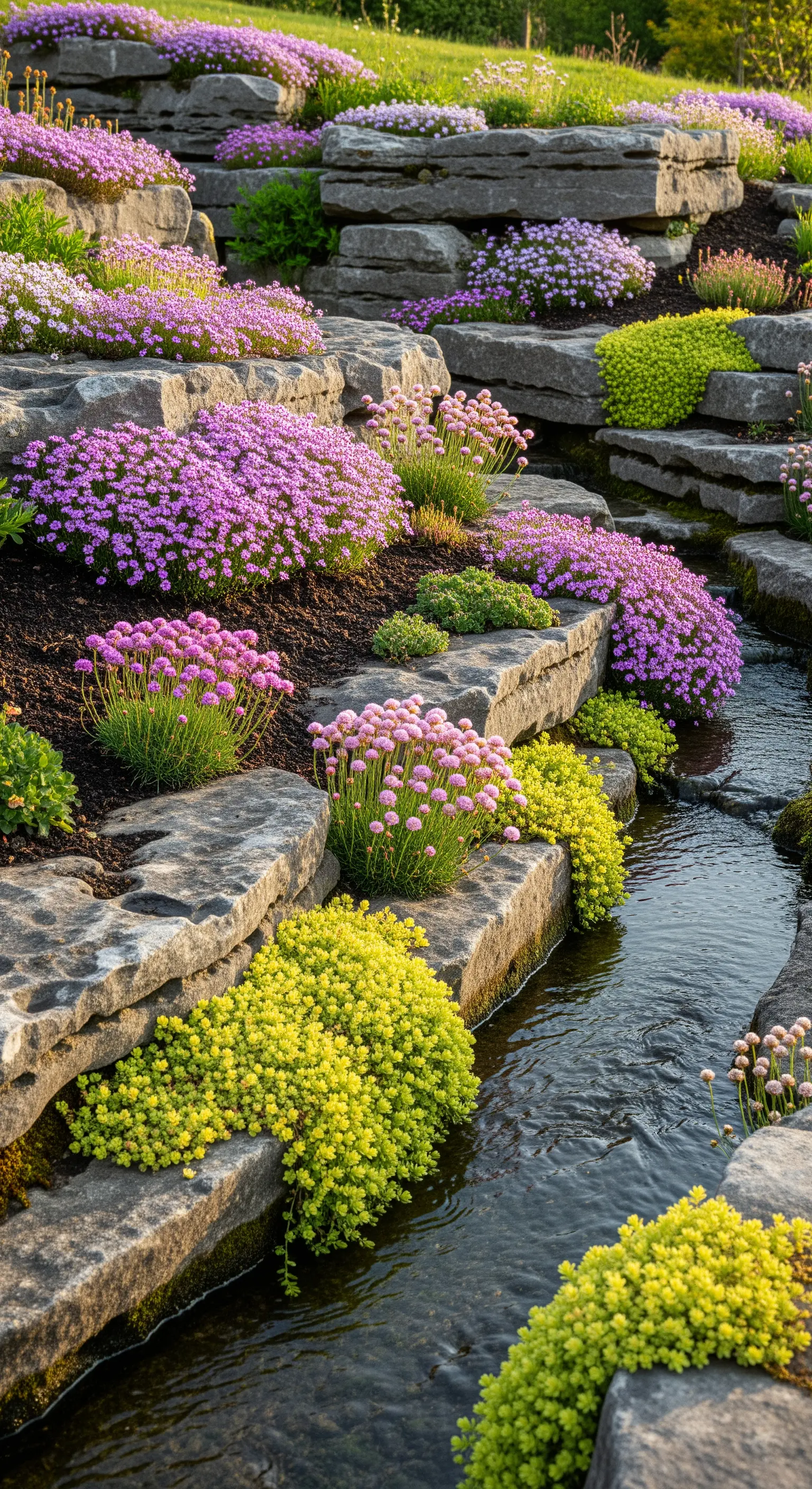 Terrassierte Steinbeete mit rosa und gelben Polsterstauden und einem kleinen Flusslauf