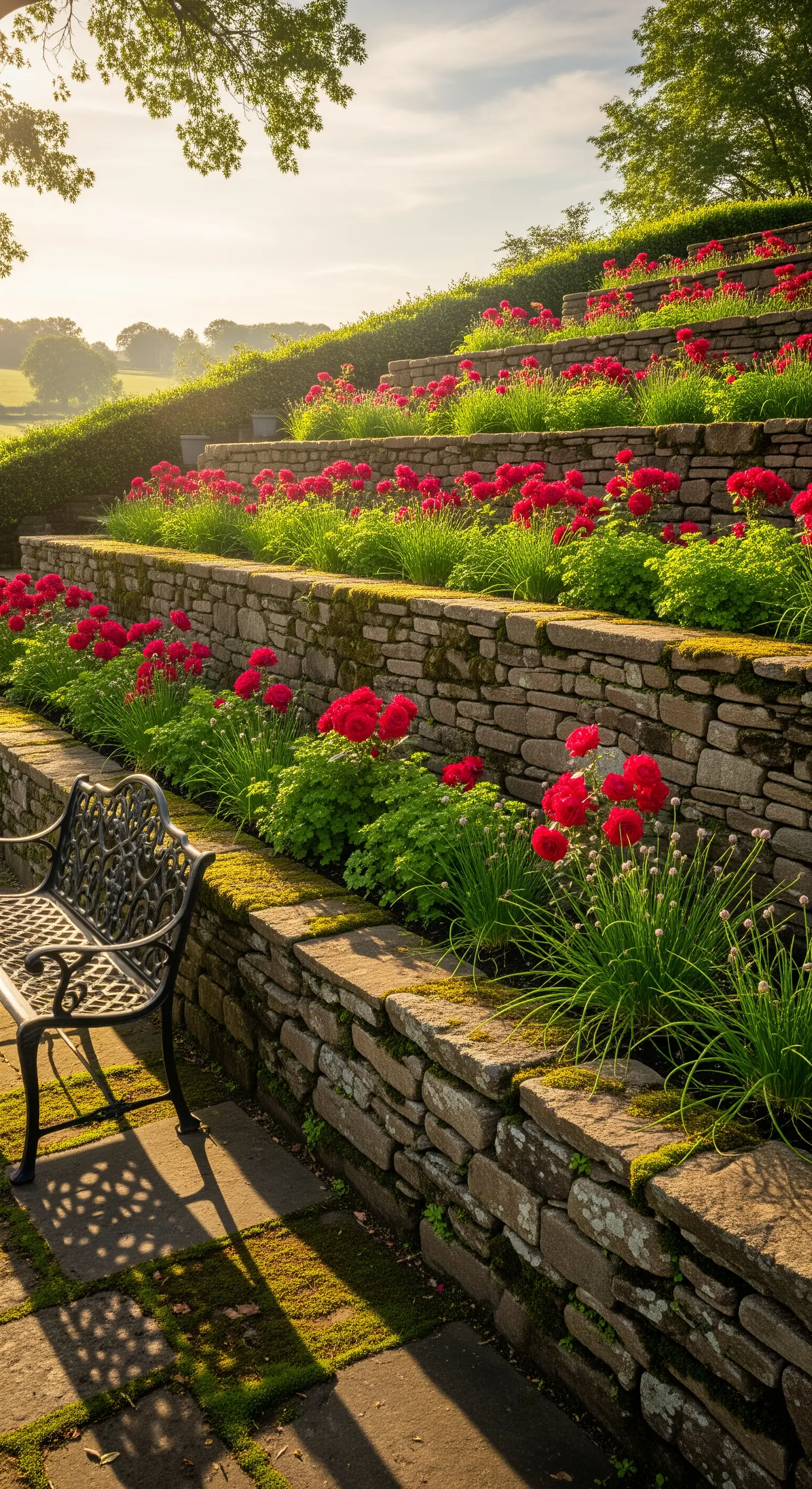Terrassierte Blumenbeete, rote Rosen, Naturstein, geschmiedete Eisenbank.