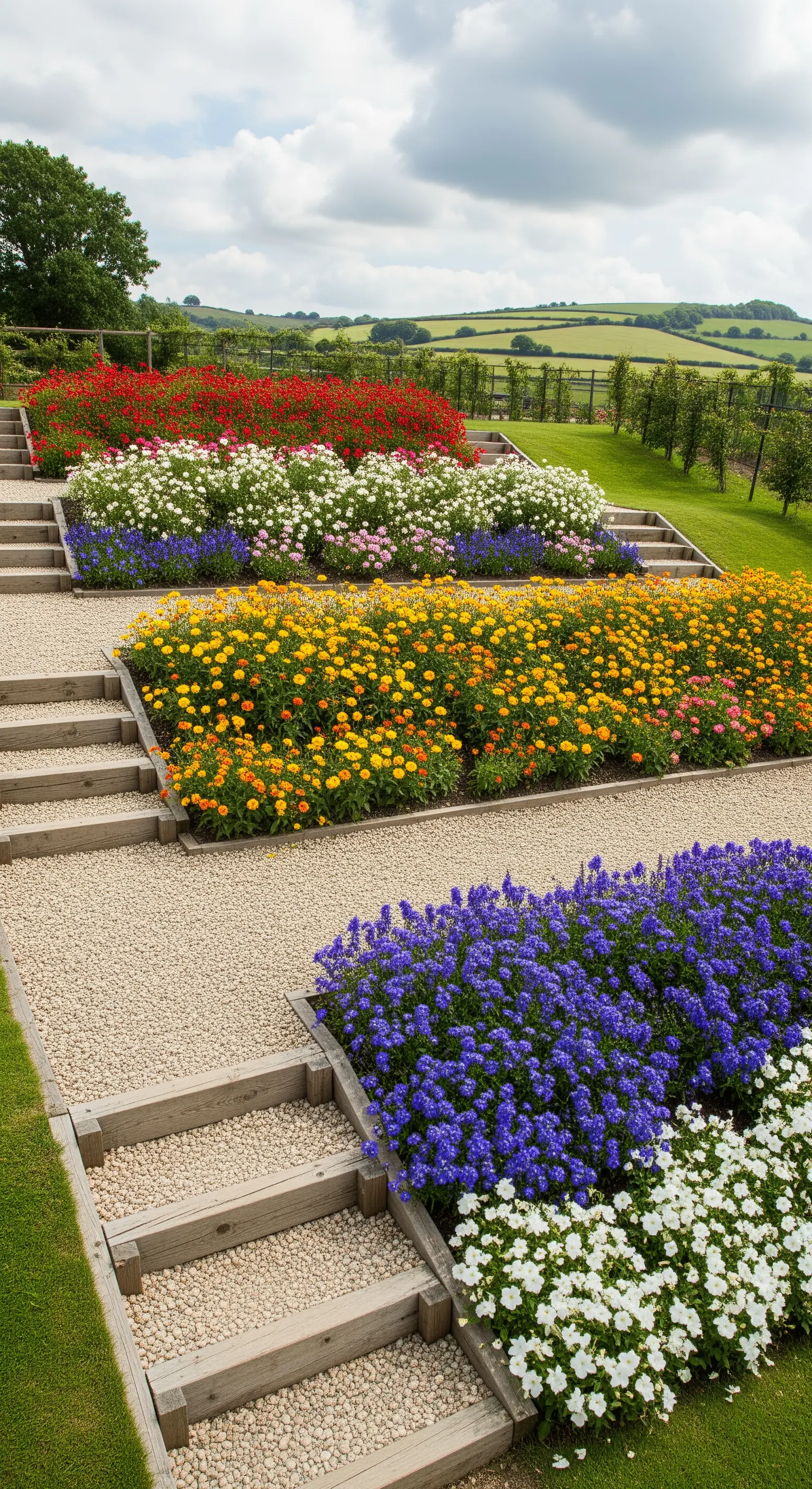 Terrassierte Kieswege mit Holzstufen und bunten Blumenbeeten