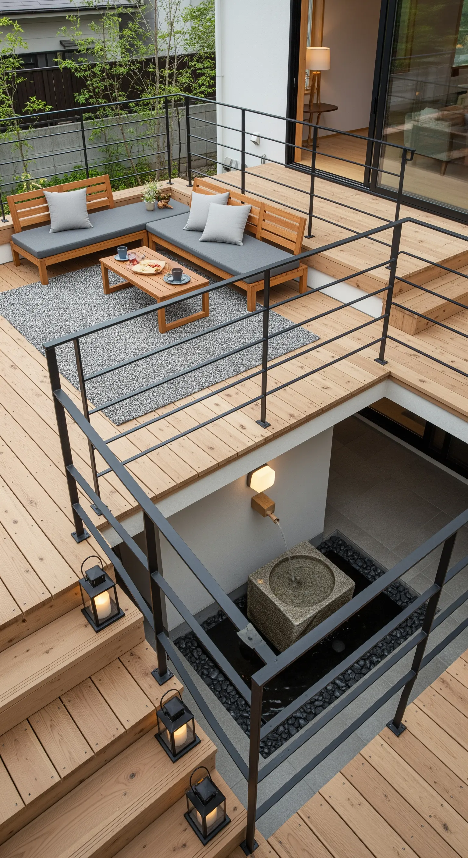 Gestufter Japandi Garten mit Brunnen und Laternen