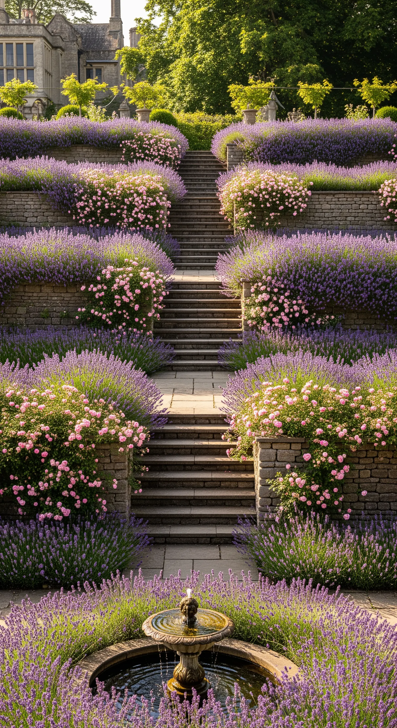 Terrassierter Gartenhang mit Steinmauern, Lavendel und pinken Rosen